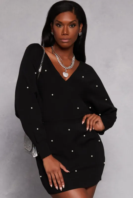 Faux Pearl Long Sleeve Mini Dress sold by Rainbow