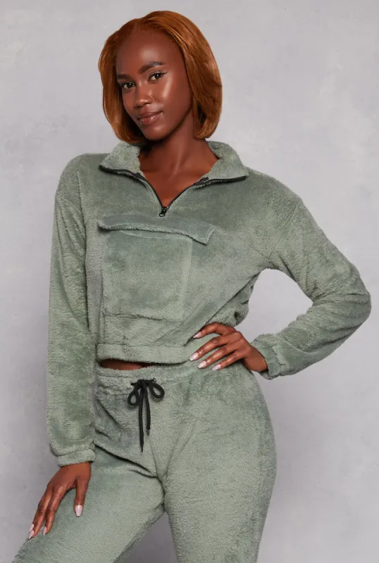 Plush Flap Pocket Half Zip Sweatshirt sold by Rainbow