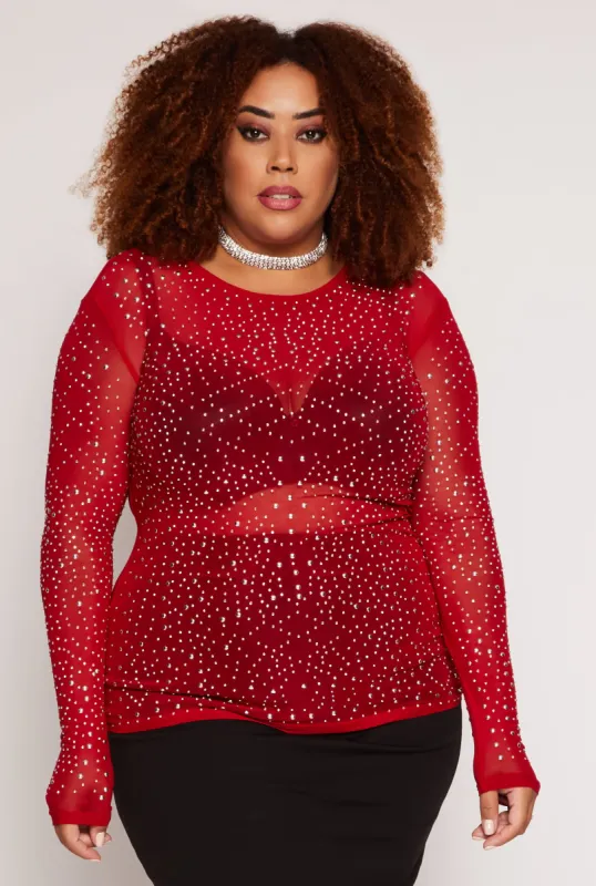 Plus Size Rhinestone Studded Mesh Top sold by Rainbow