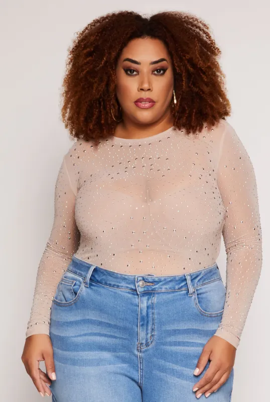 Plus Size Rhinestone Studded Mesh Top sold by Rainbow