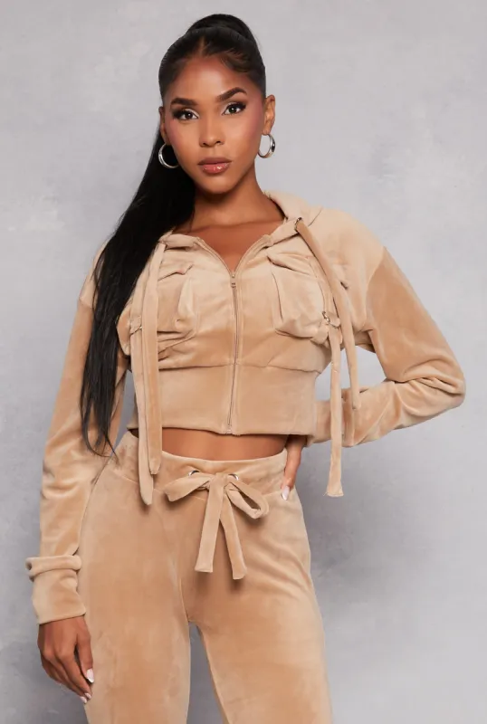 Velour Flap Pocket Cropped Zip Front Hoodie sold by Rainbow