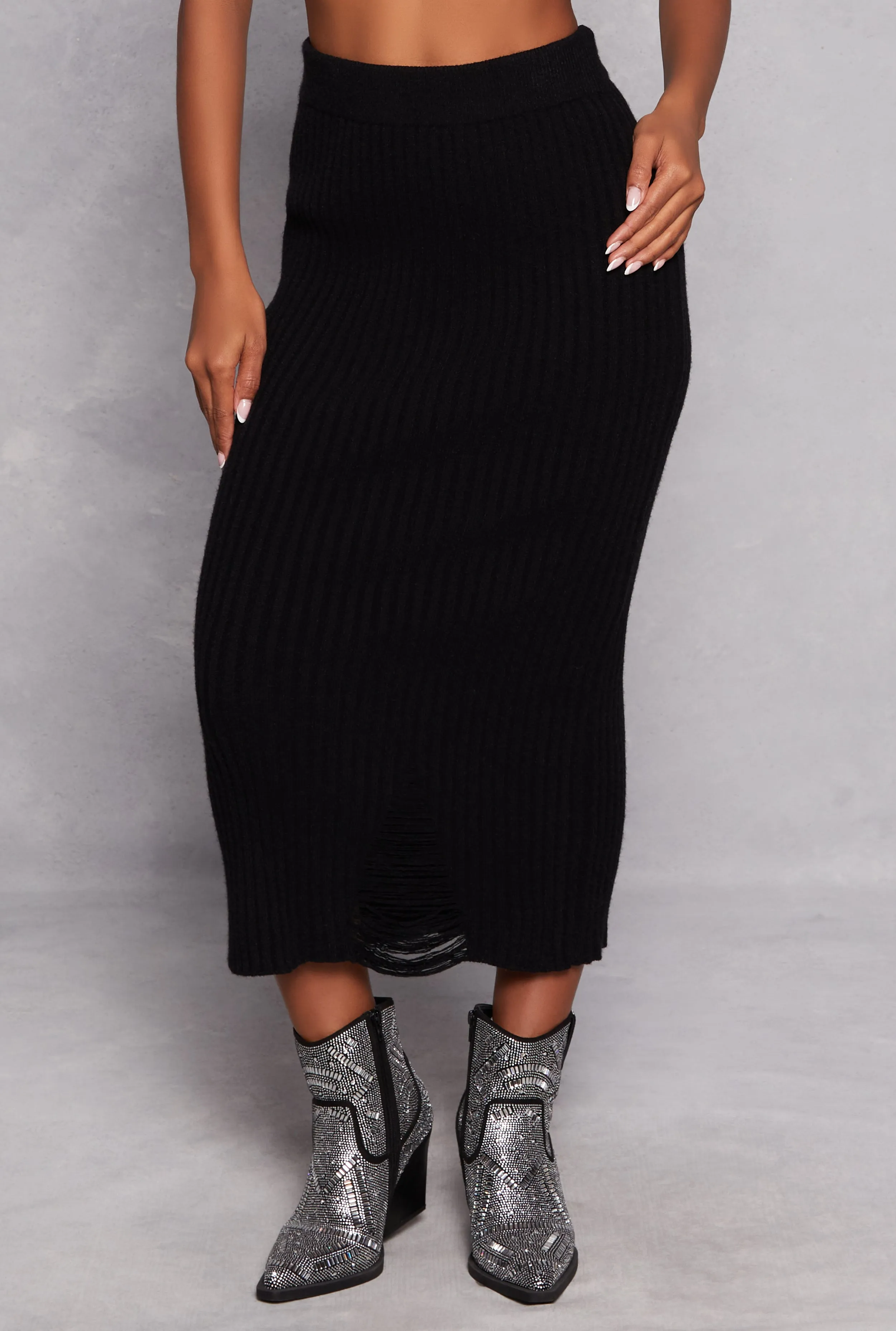 Ribbed Knit Distressed Maxi Skirt sold by Rainbow product image thumbnail 2