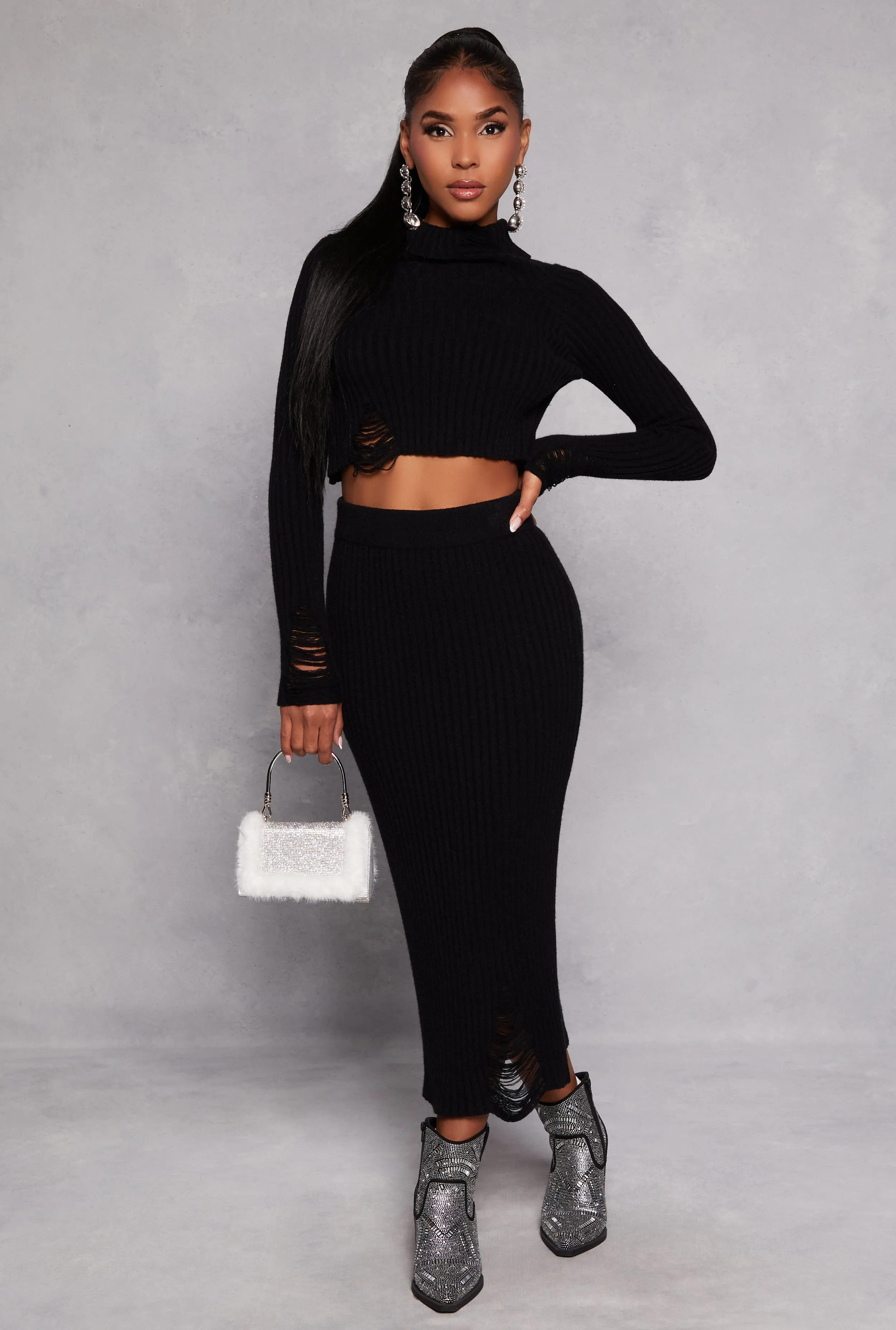 Ribbed Knit Distressed Maxi Skirt sold by Rainbow