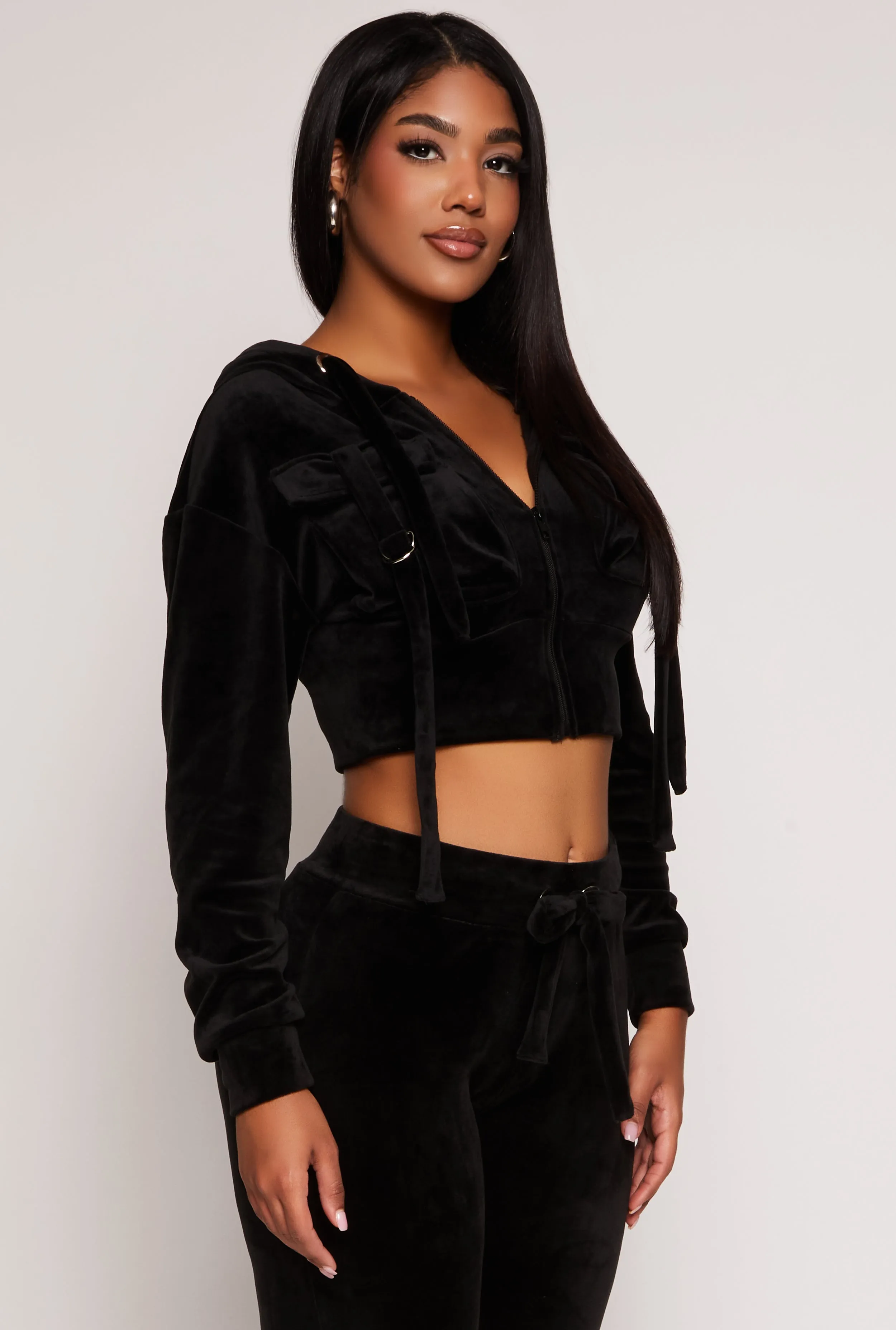 Velour Flap Pocket Cropped Zip Front Hoodie sold by Rainbow