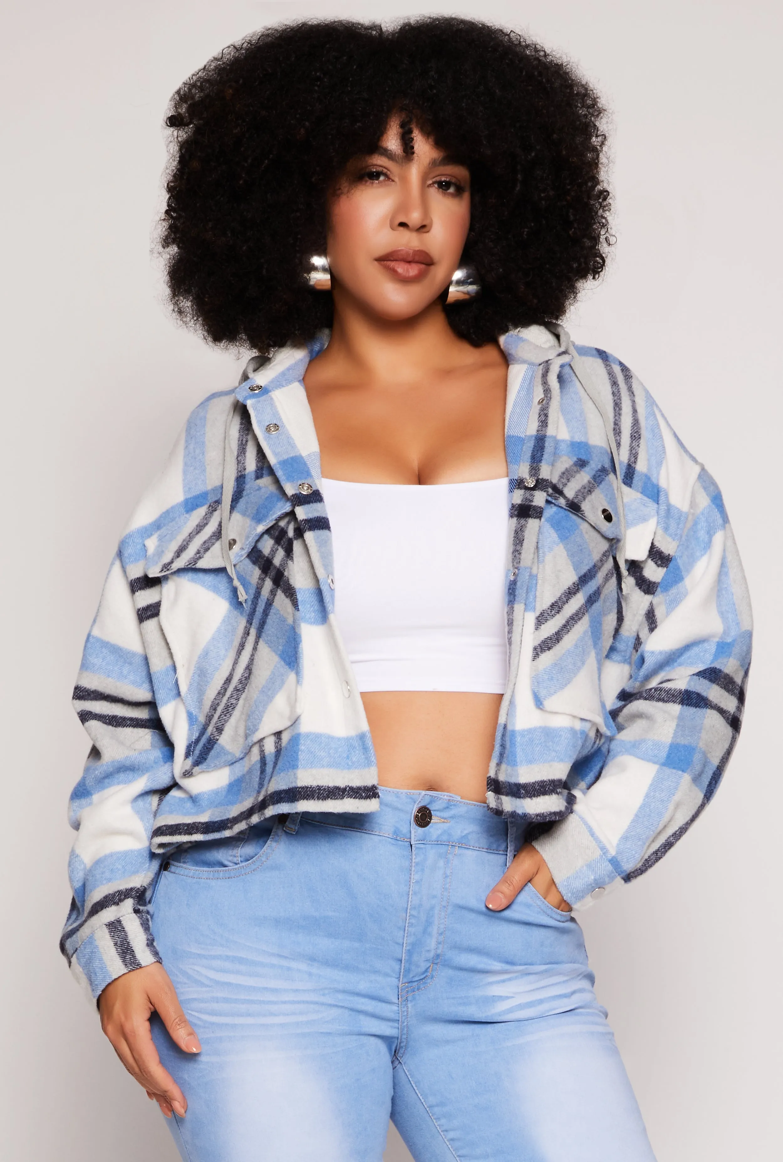 Plus Size Spoon Jeans Plaid Hooded Crop Shacket sold by Rainbow