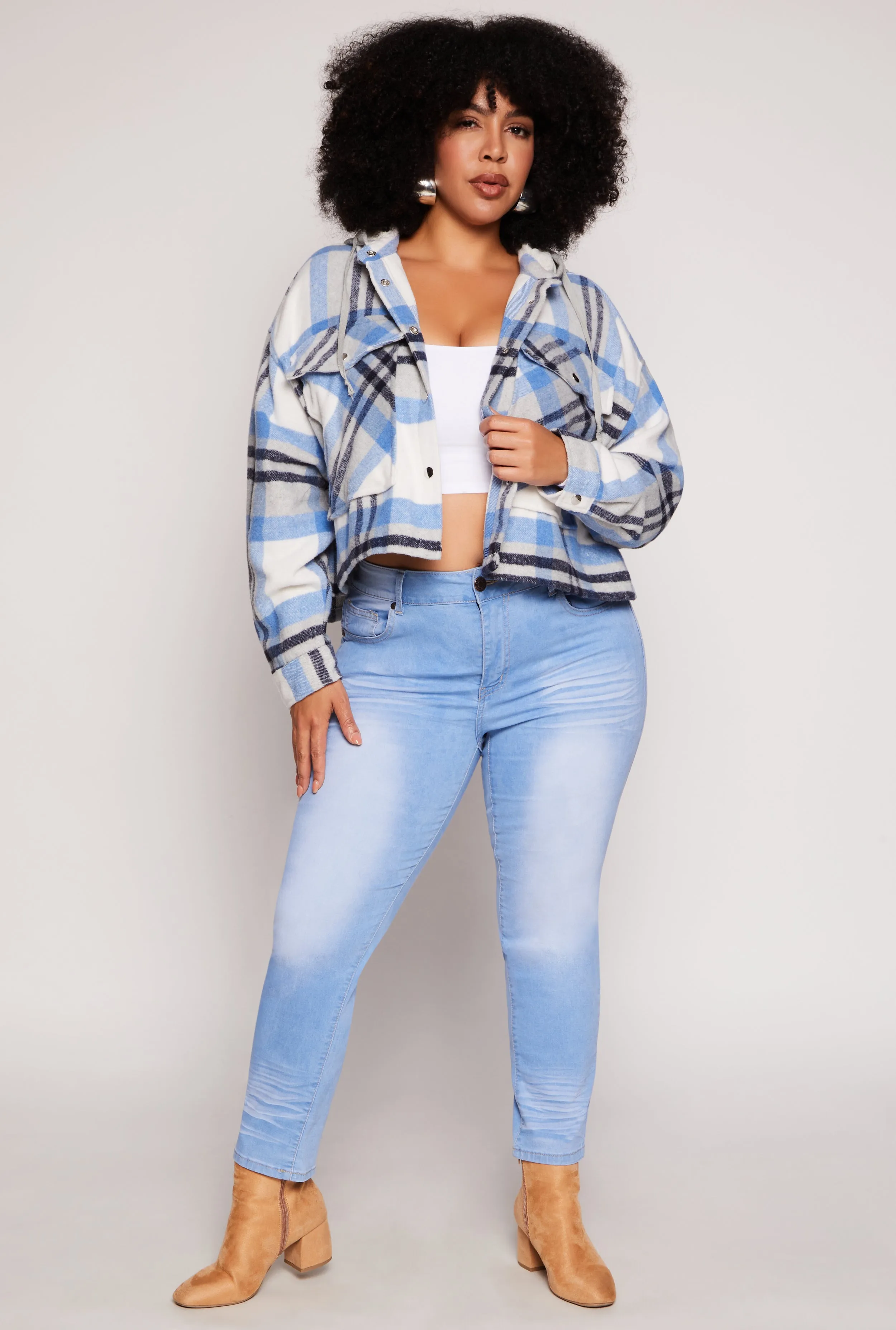 Plus Size Spoon Jeans Plaid Hooded Crop Shacket sold by Rainbow product image thumbnail 2