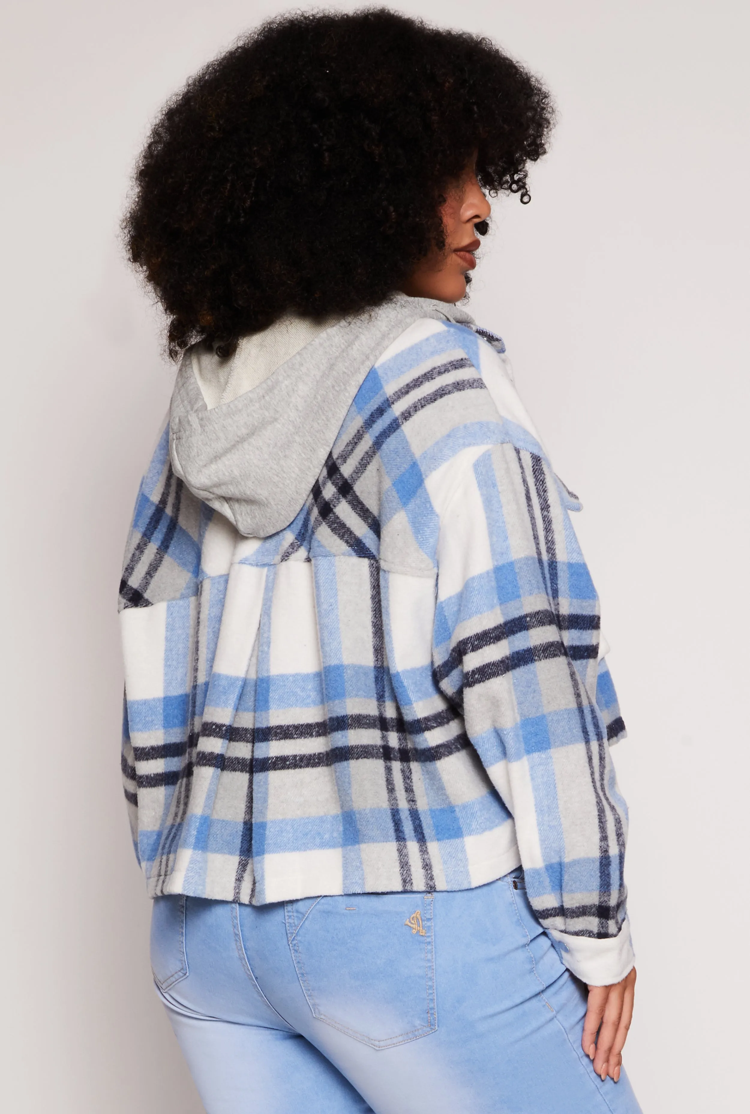 Plus Size Spoon Jeans Plaid Hooded Crop Shacket sold by Rainbow product image thumbnail 3