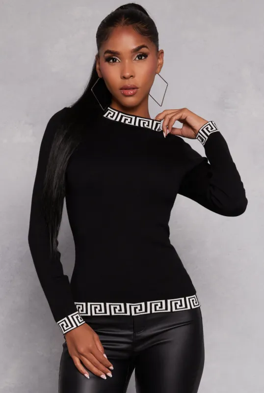 Greek Key Trim Mock Neck Sweater sold by Rainbow