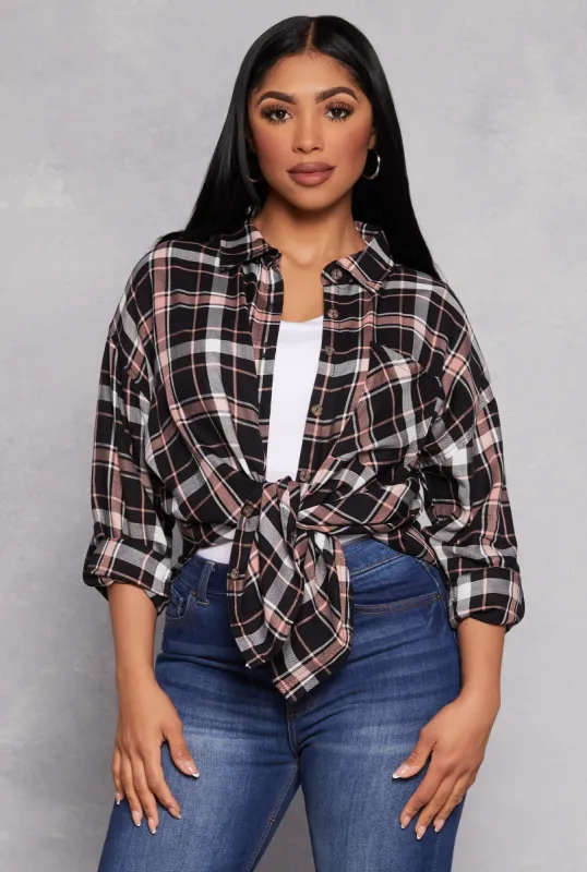 Plaid Tabbed Sleeve Button Front Shirt sold by Rainbow