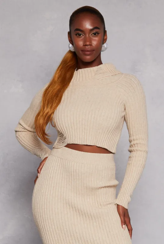 Ribbed Knit Distressed Turtleneck Sweater sold by Rainbow