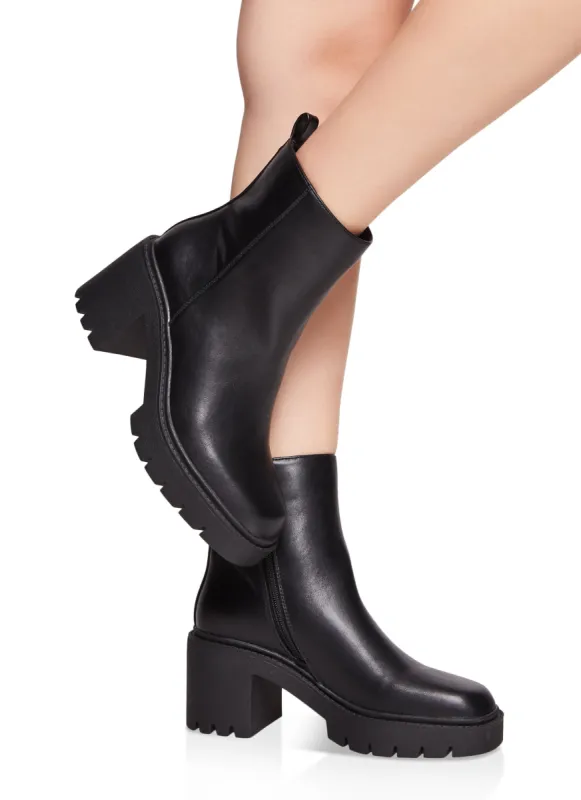 Platform Lug Sole Mid Heel Booties sold by Rainbow