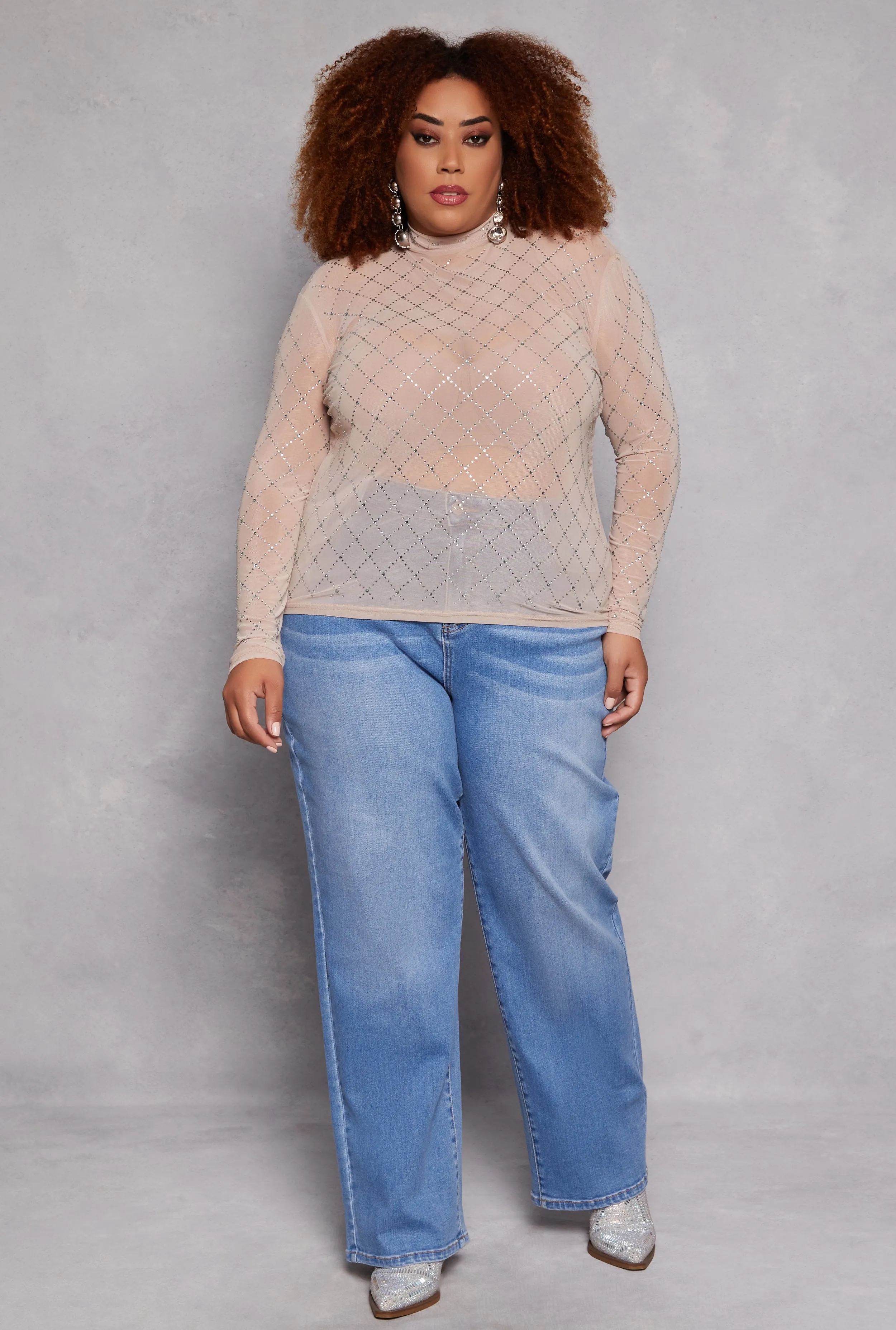 Plus Size Rhinestone Mesh Long Sleeve Top sold by Rainbow product image thumbnail 2