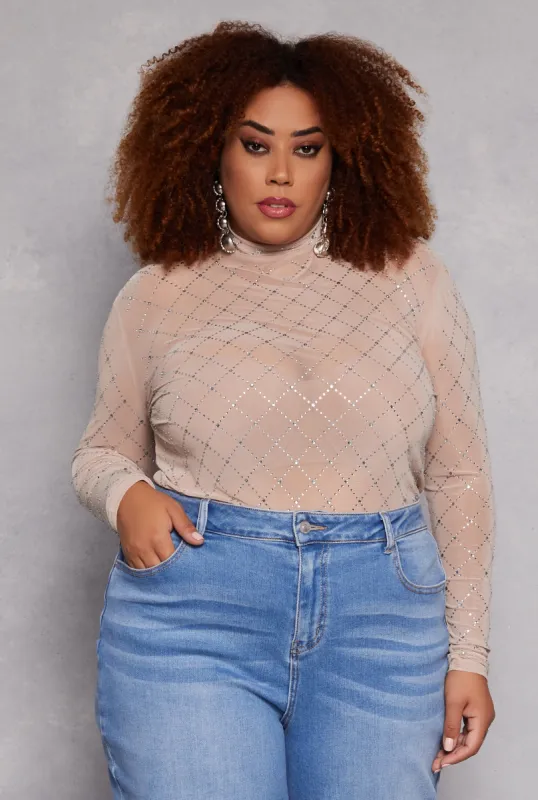 Plus Size Rhinestone Mesh Long Sleeve Top sold by Rainbow