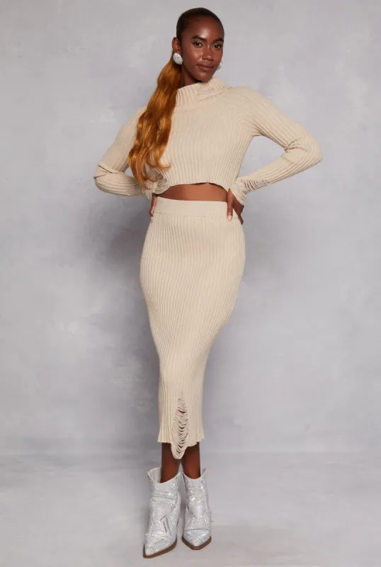 Ribbed Knit Distressed Maxi Skirt sold by Rainbow