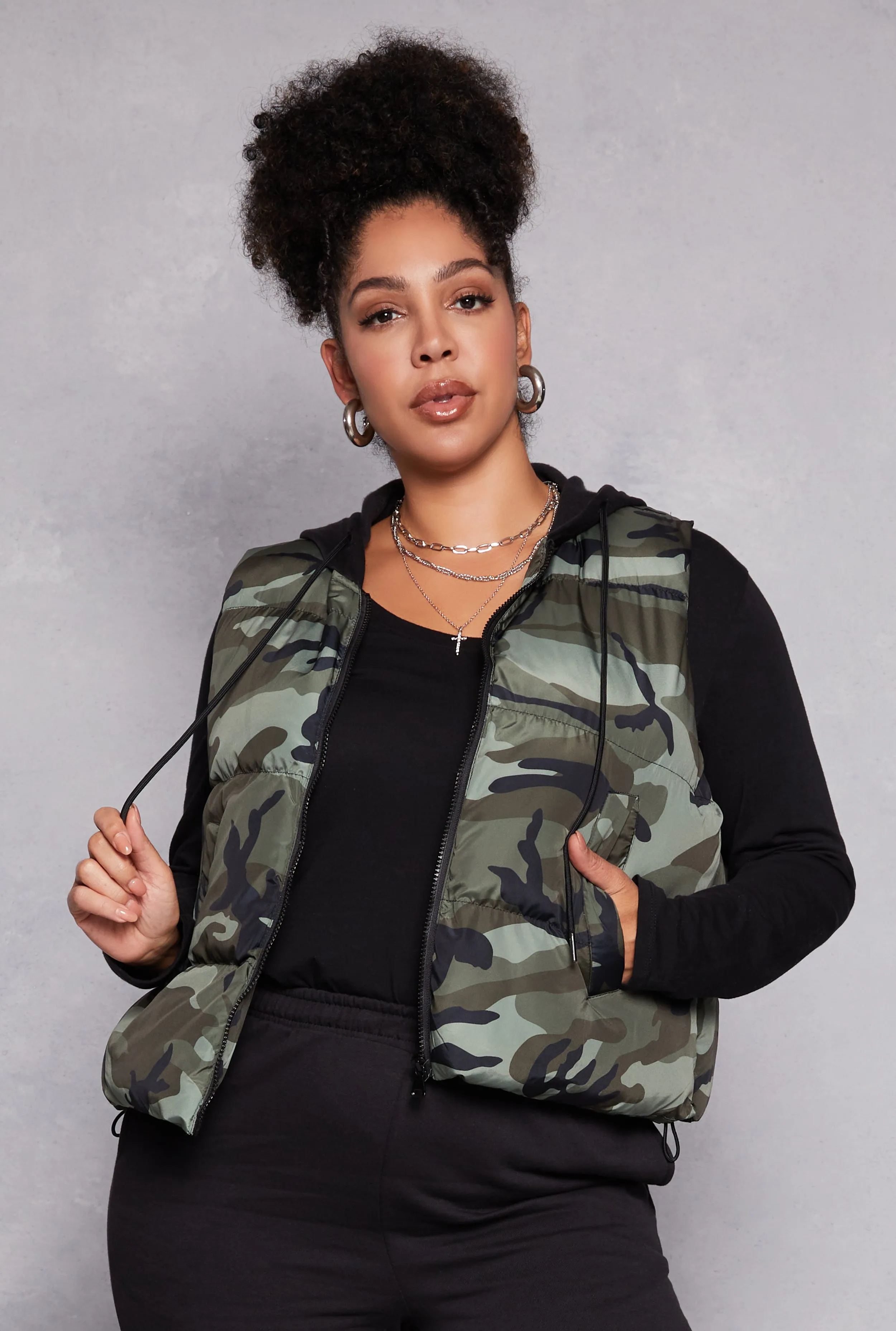 Plus Size Almost Famous Patterned Hooded Puffer Vest sold by Rainbow