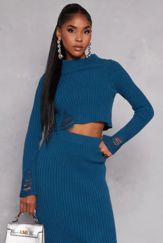 Ribbed Knit Distressed Turtleneck Sweater sold by Rainbow