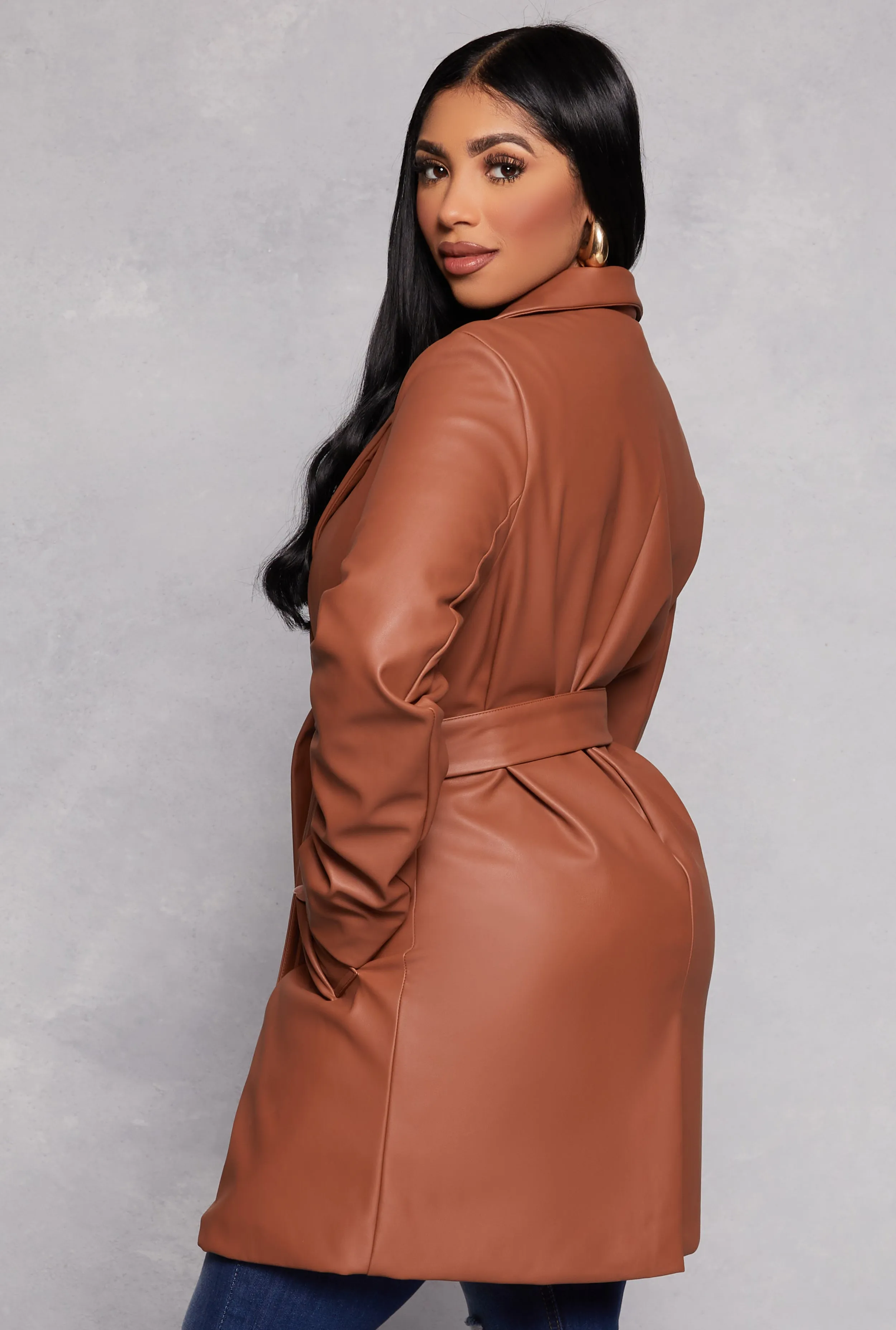 Faux Leather Tie Waist Belted Coat sold by Rainbow product image thumbnail 3