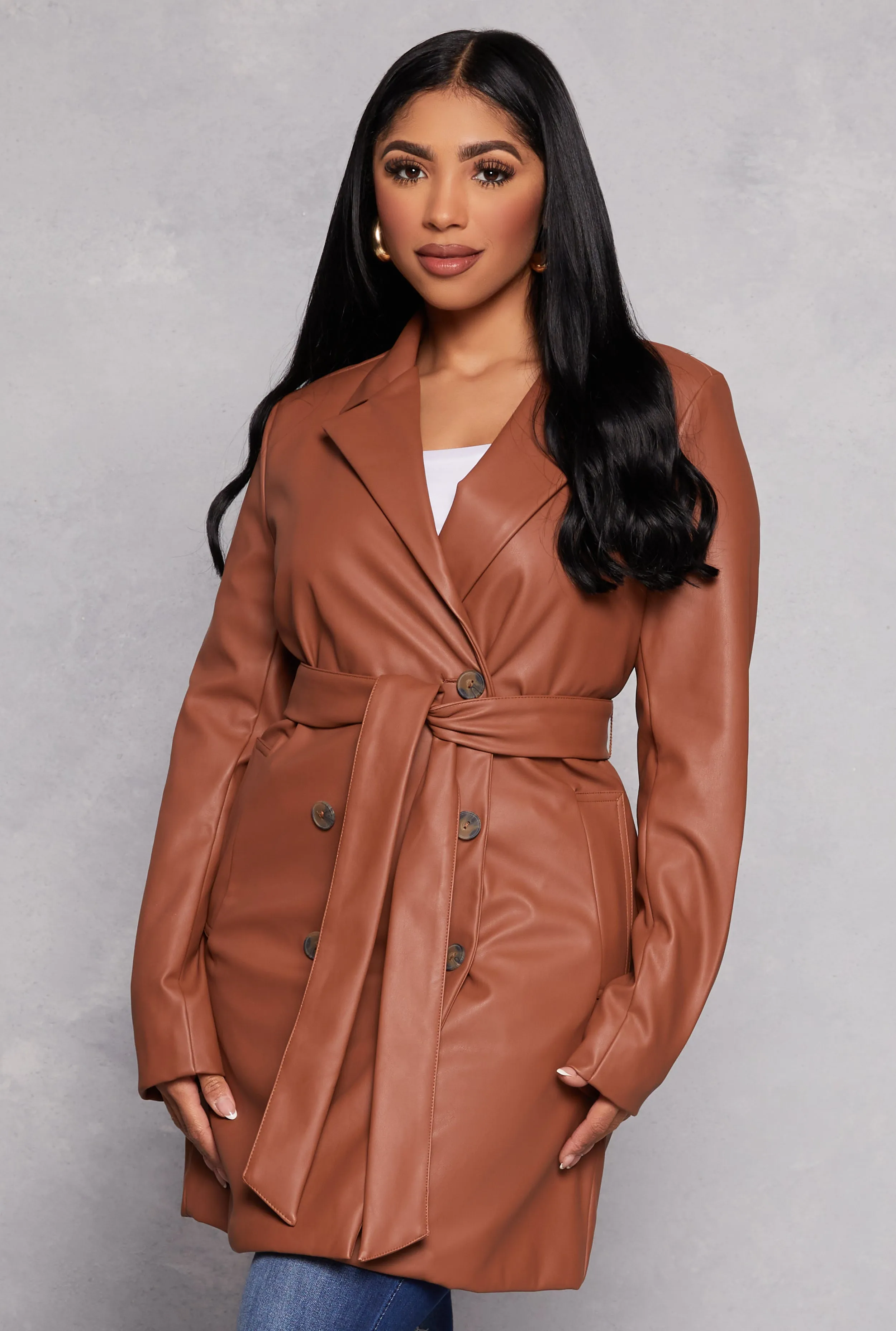 Faux Leather Tie Waist Belted Coat sold by Rainbow