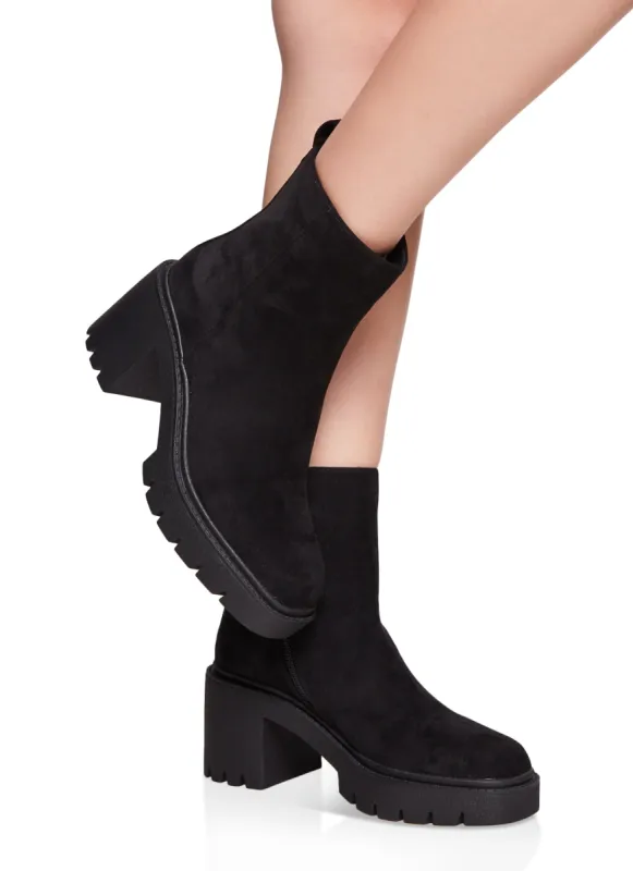 Platform Lug Sole Mid Heel Booties sold by Rainbow