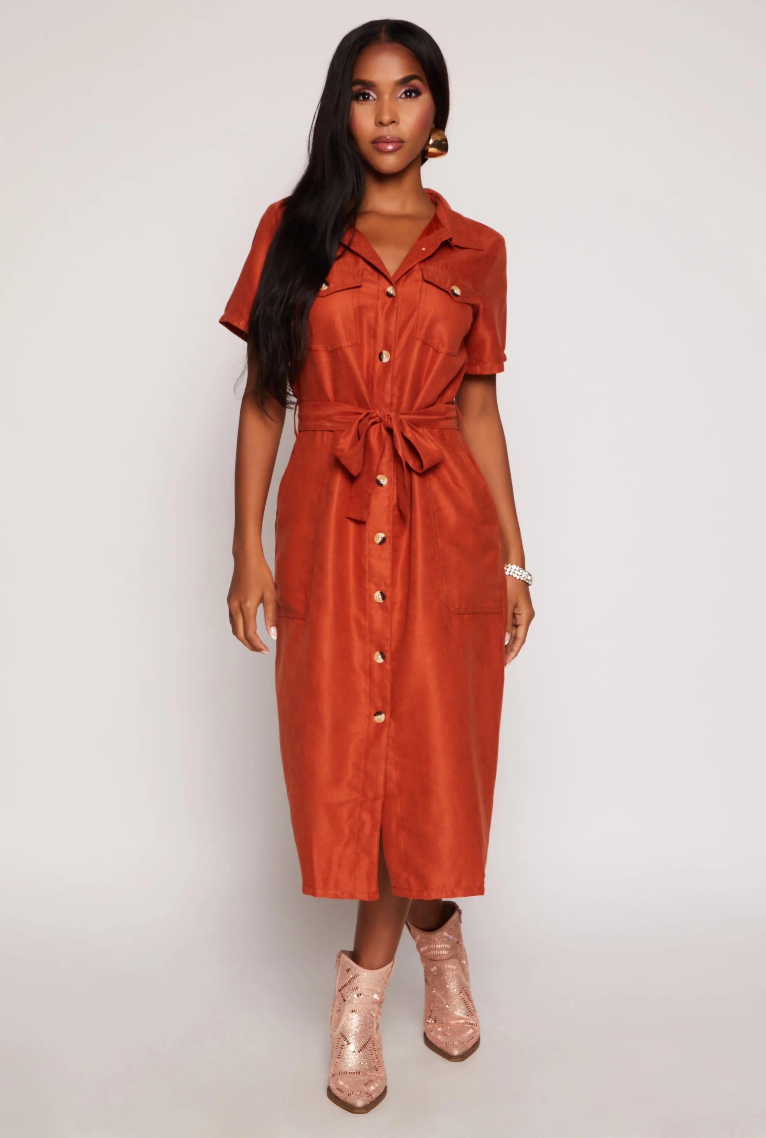 Tie Waist Belted Button Down Shirt Dress sold by Rainbow