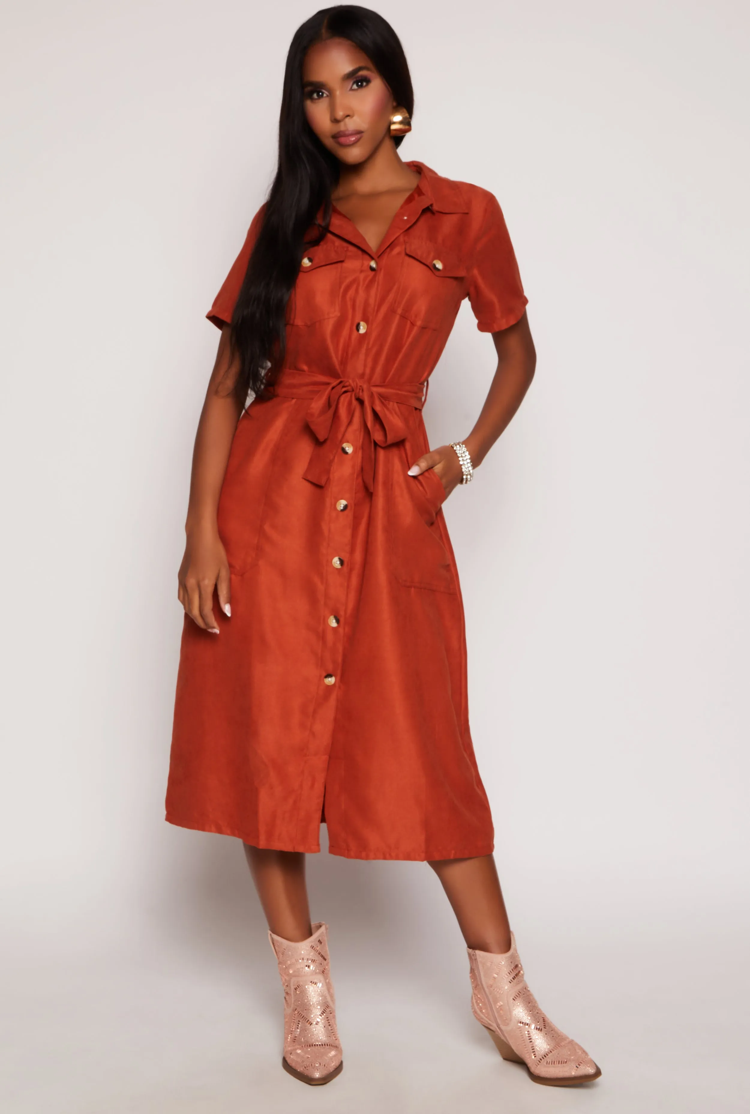 Tie Waist Belted Button Down Shirt Dress sold by Rainbow product image thumbnail 2