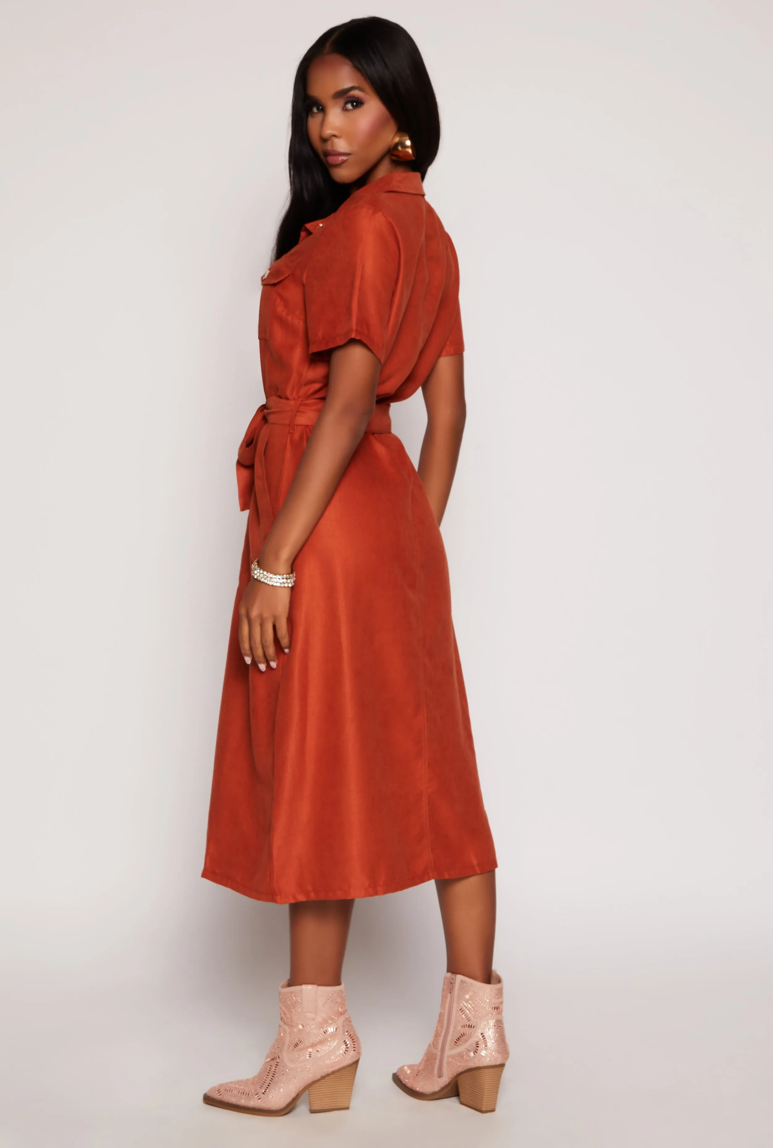 Tie Waist Belted Button Down Shirt Dress sold by Rainbow product image thumbnail 3