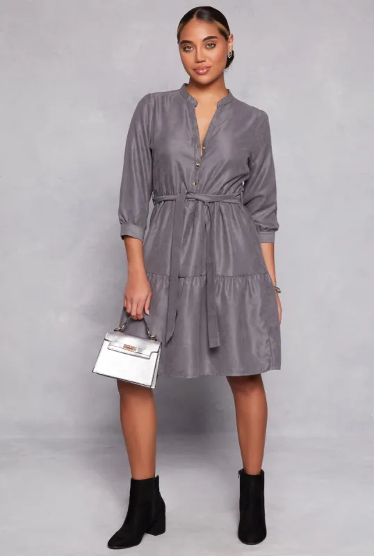 Tie Waist Belted Half Button Tiered Dress sold by Rainbow