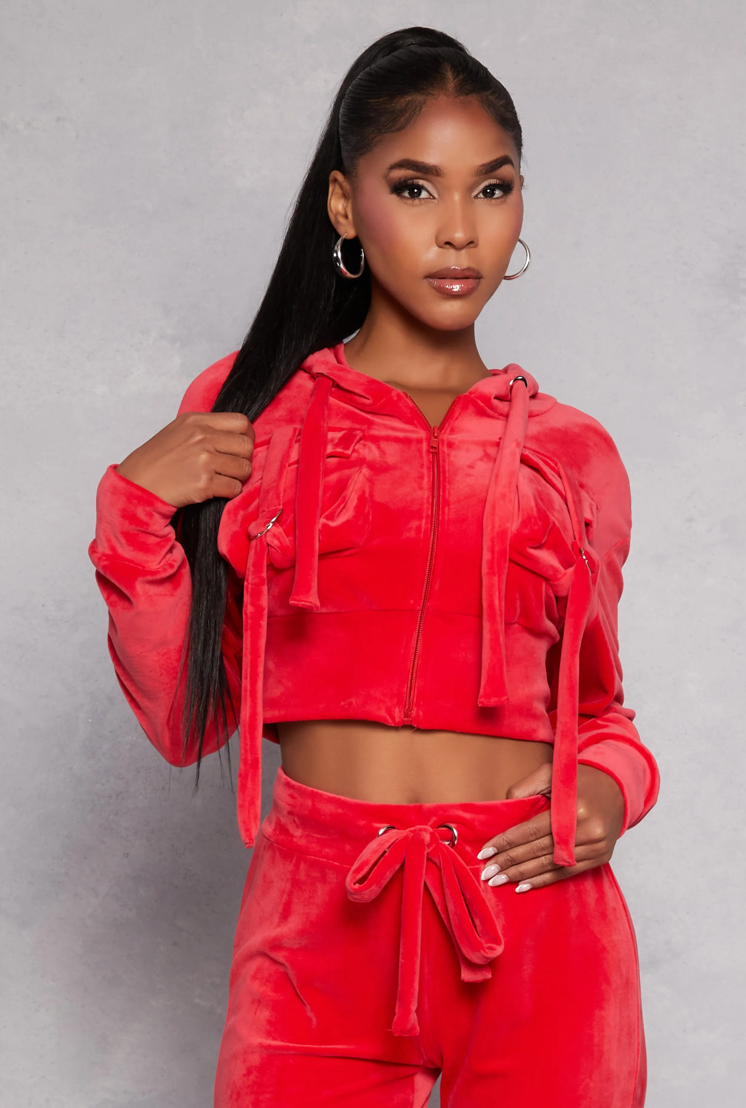 Velour Flap Pocket Cropped Zip Front Hoodie sold by Rainbow