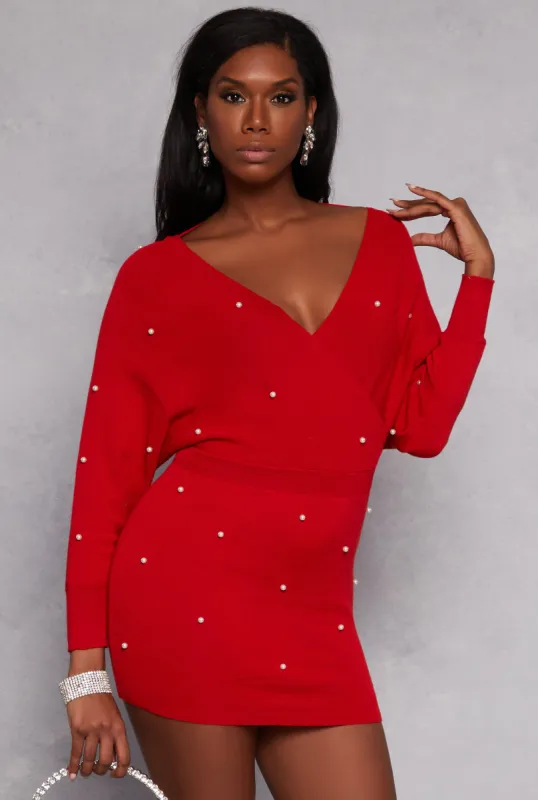 Faux Pearl Long Sleeve Mini Dress sold by Rainbow
