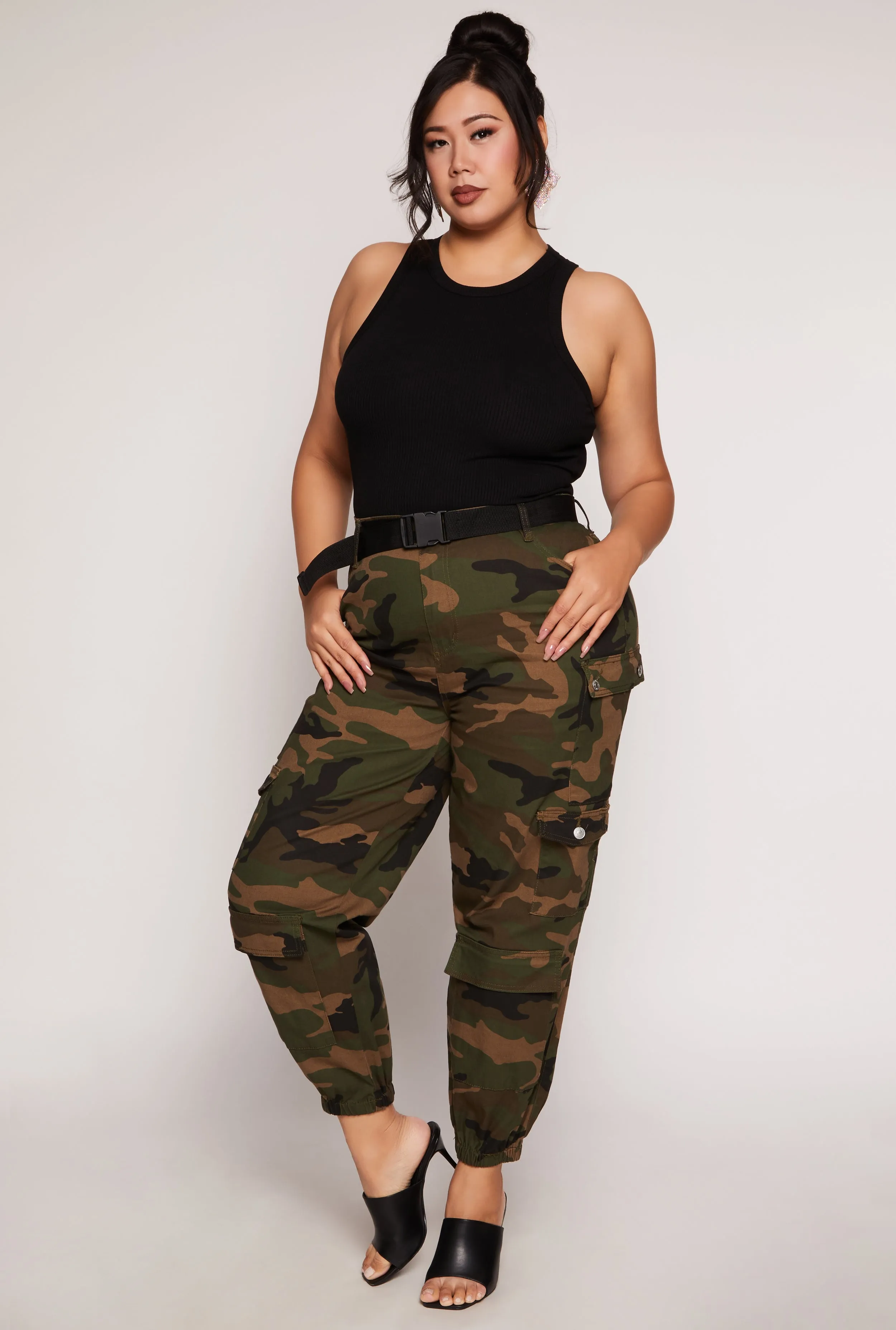 Plus Size Almost Famous Belted Camo Cargo Joggers sold by Rainbow