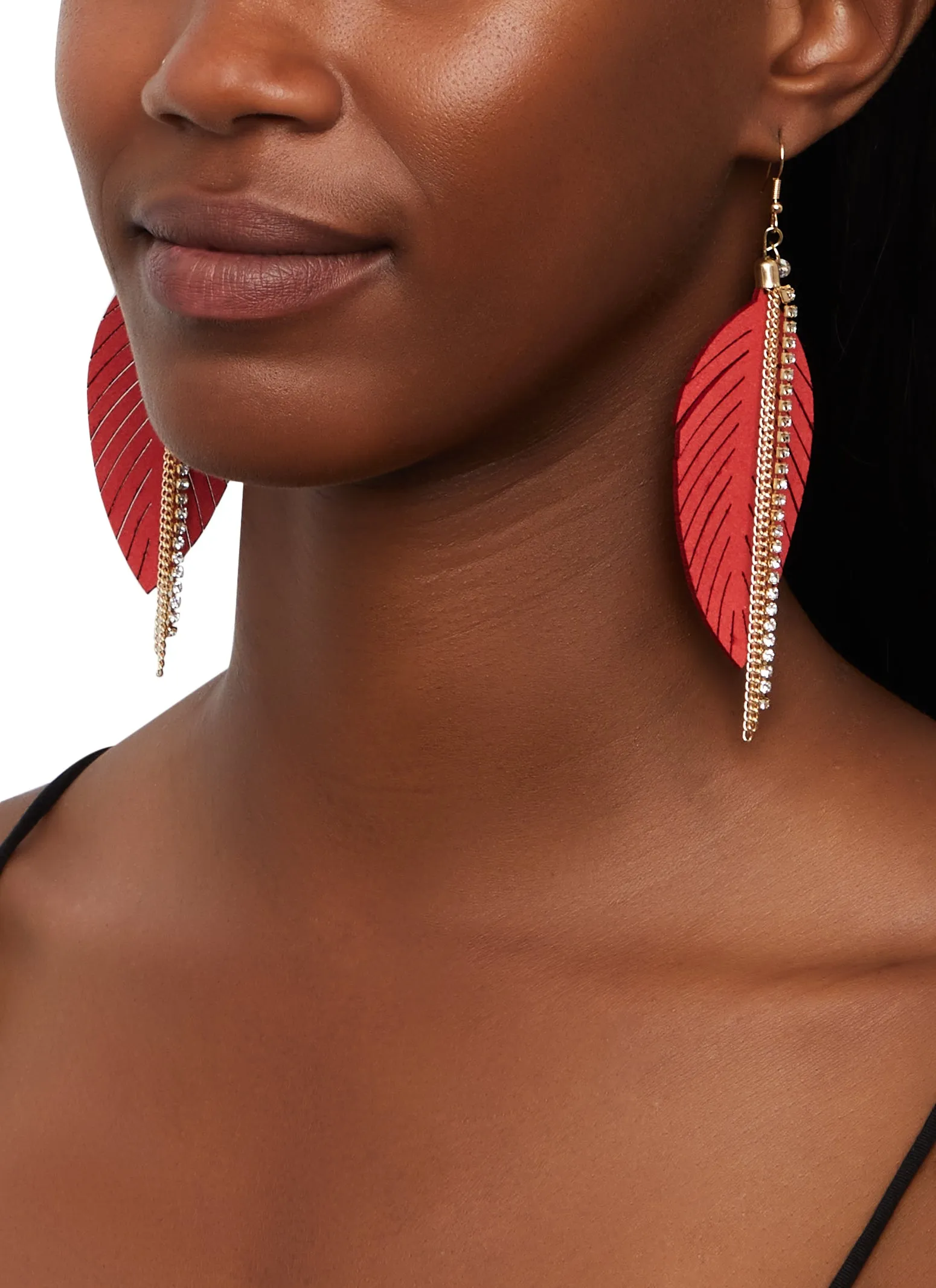 Rhinestone Chain Leaf Drop Earrings sold by Rainbow