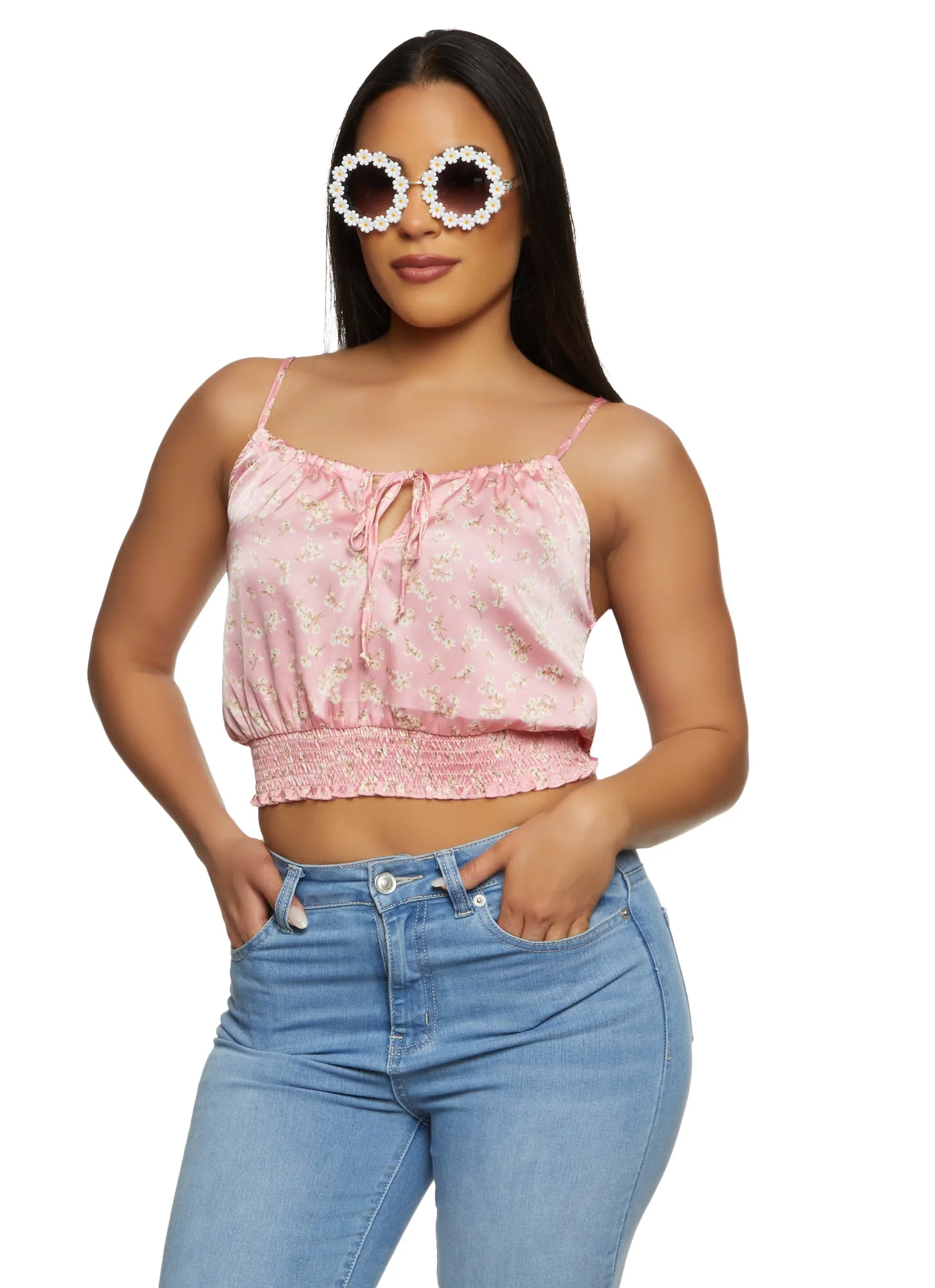 Satin Floral Smocked Tie Front Cami sold by Rainbow