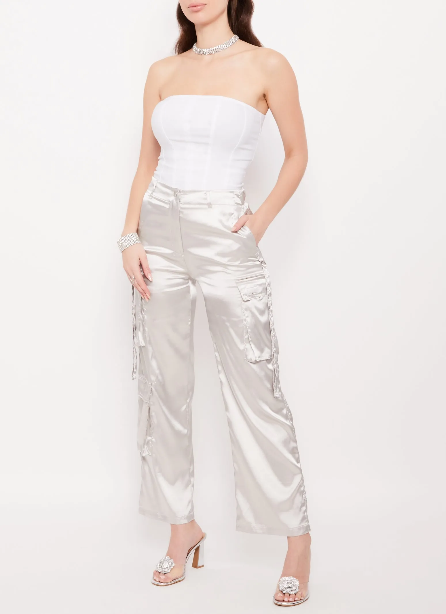 Satin High Waisted Wide Leg Cargo Pants sold by Rainbow