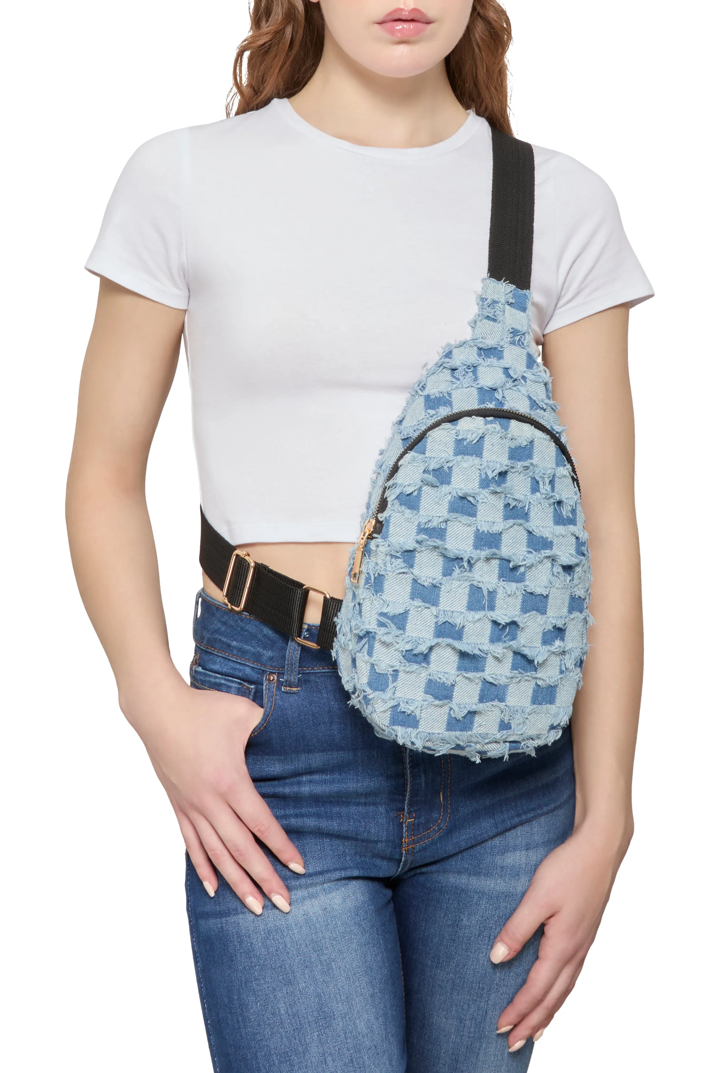 Denim Checkered Sling Backpack sold by Rainbow