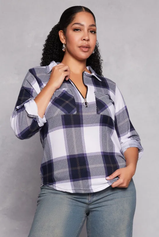 Plus Size Plaid Half Zip Shirt sold by Rainbow