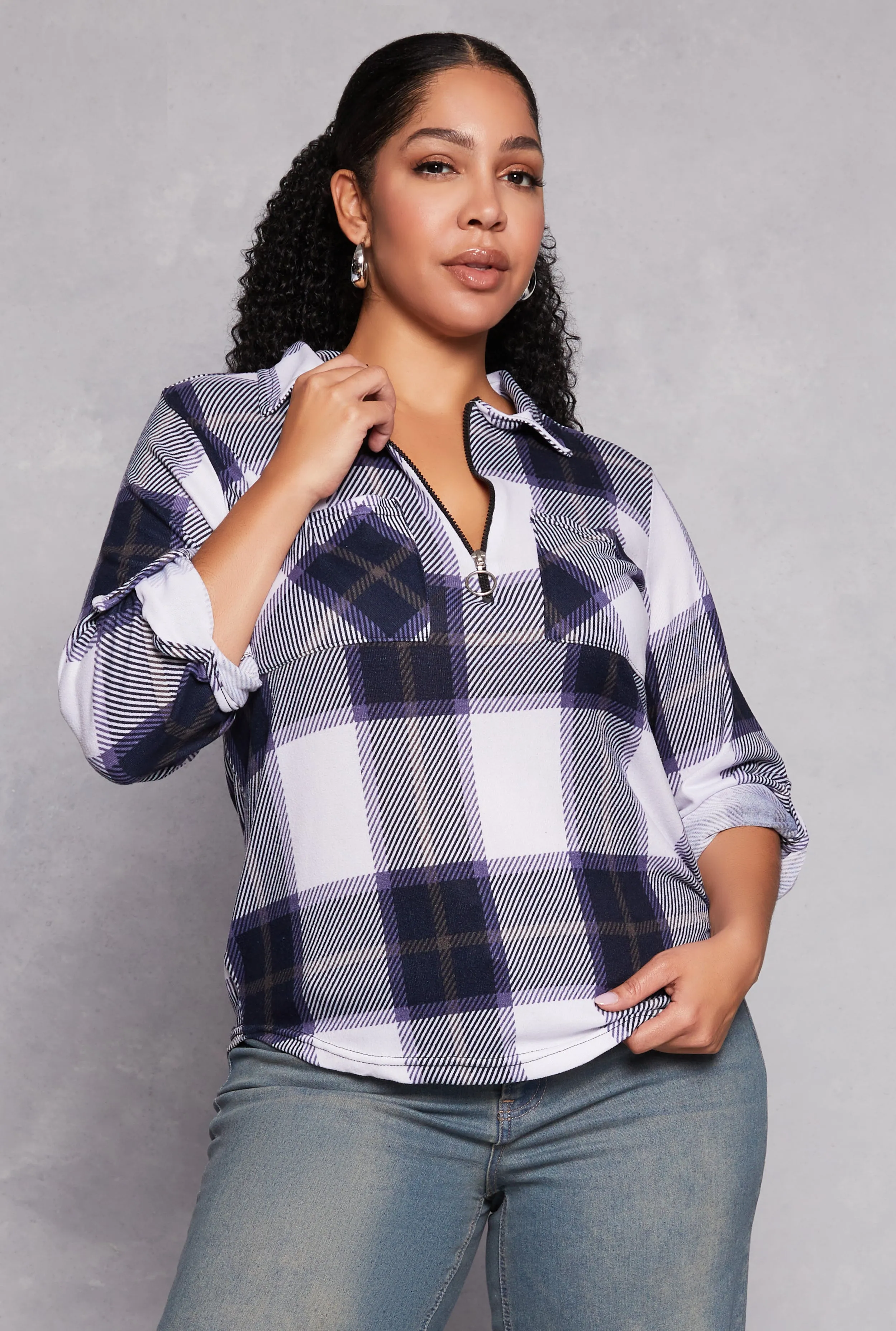 Plus Size Plaid Half Zip Shirt sold by Rainbow