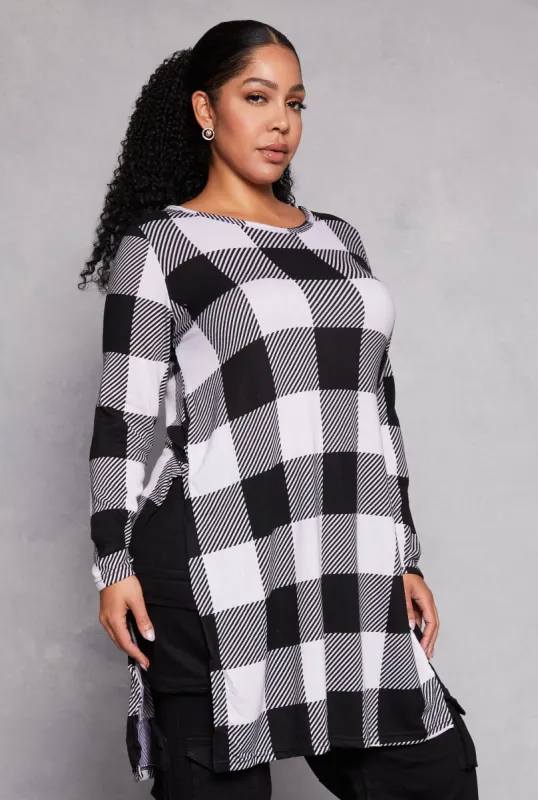 Plus Size Buffalo Plaid Side Slit Tunic Top sold by Rainbow