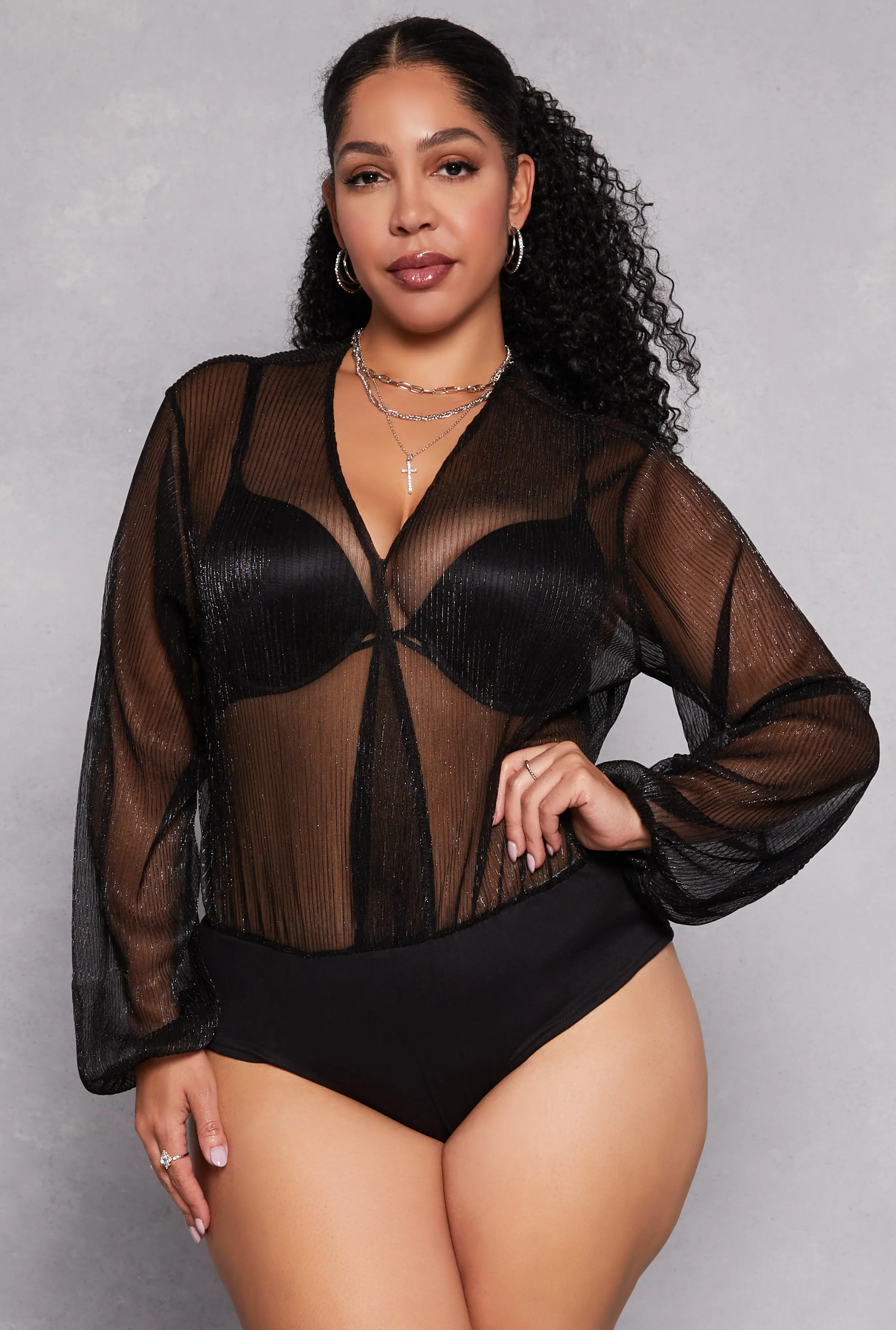 Plus Size Lurex Surplice Bubble Sleeve Bodysuit sold by Rainbow