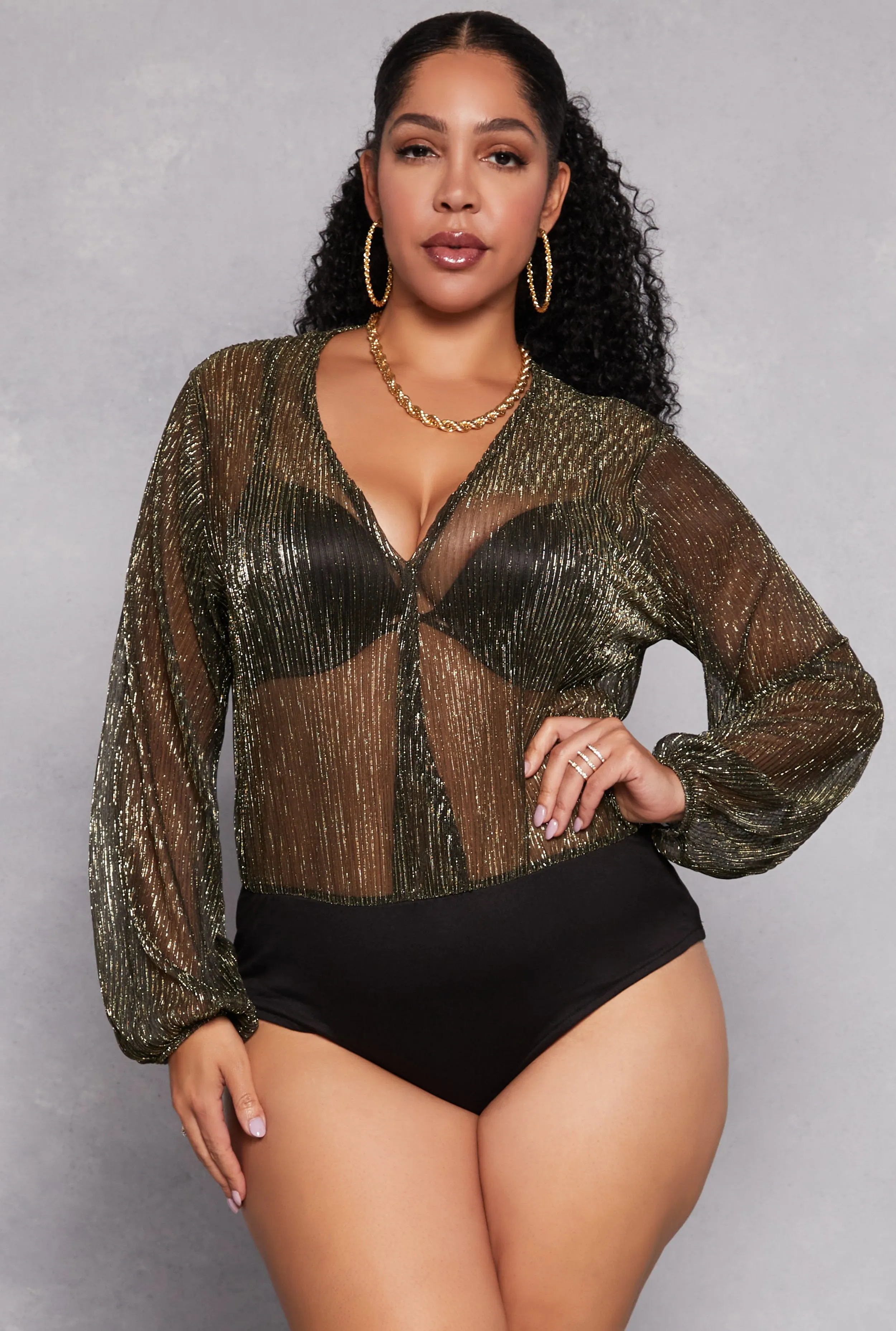 Plus Size Lurex Surplice Bubble Sleeve Bodysuit sold by Rainbow