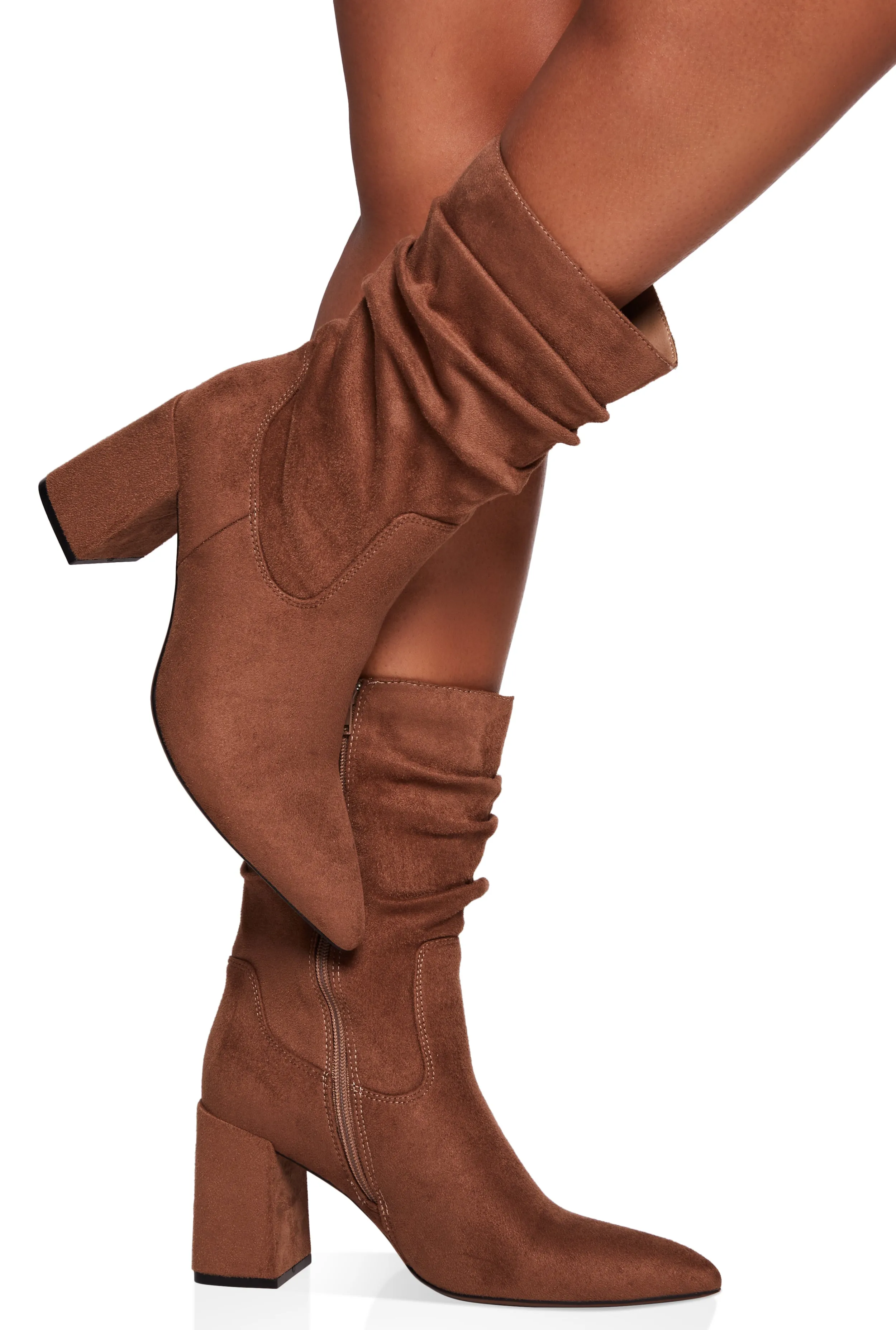Ruched Pointed Toe Block Heel Booties sold by Rainbow