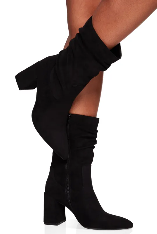 Ruched Pointed Toe Block Heel Booties sold by Rainbow