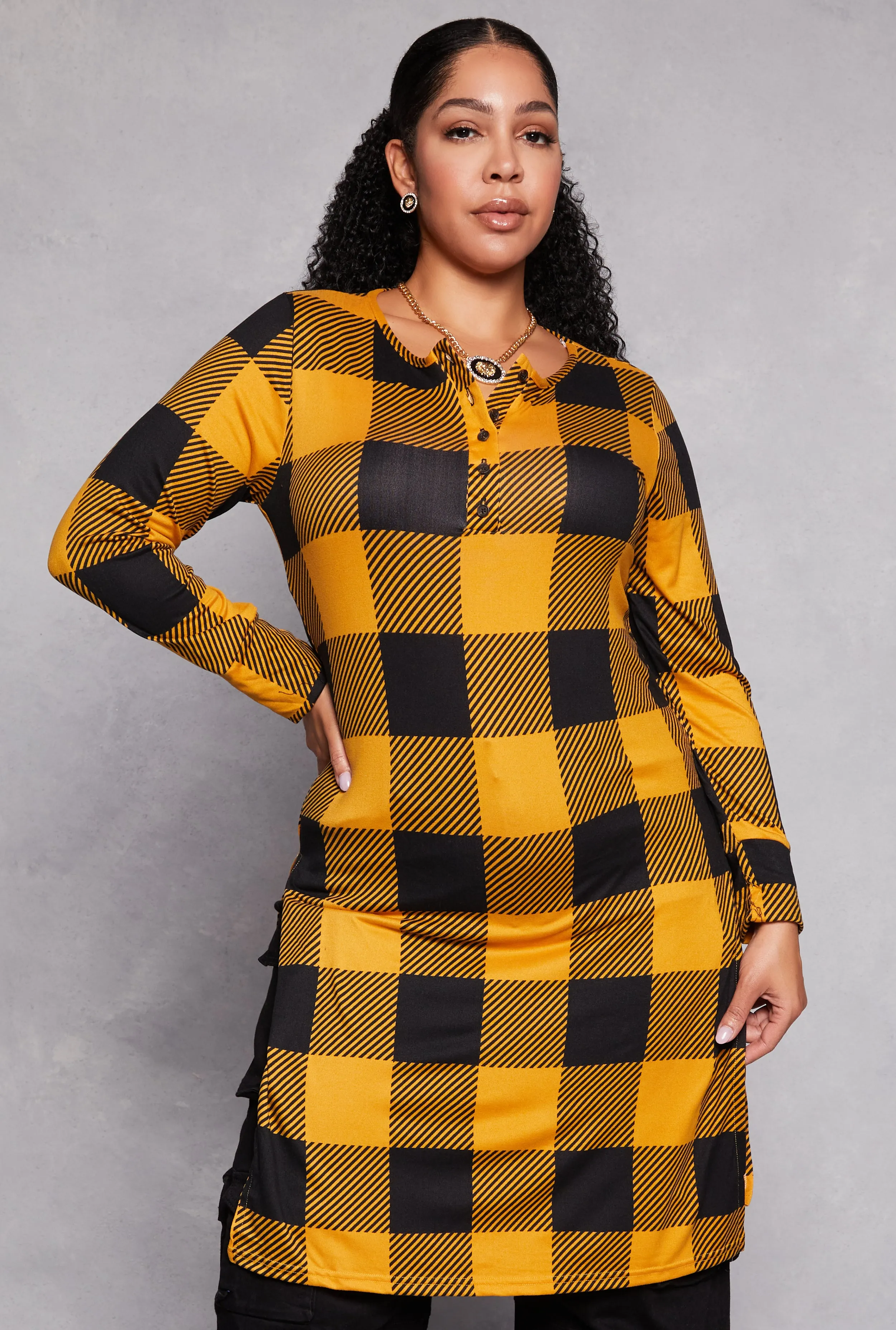Plus Size Buffalo Plaid Henley Tunic Top sold by Rainbow