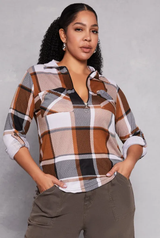 Plus Size Plaid Half Zip Shirt sold by Rainbow