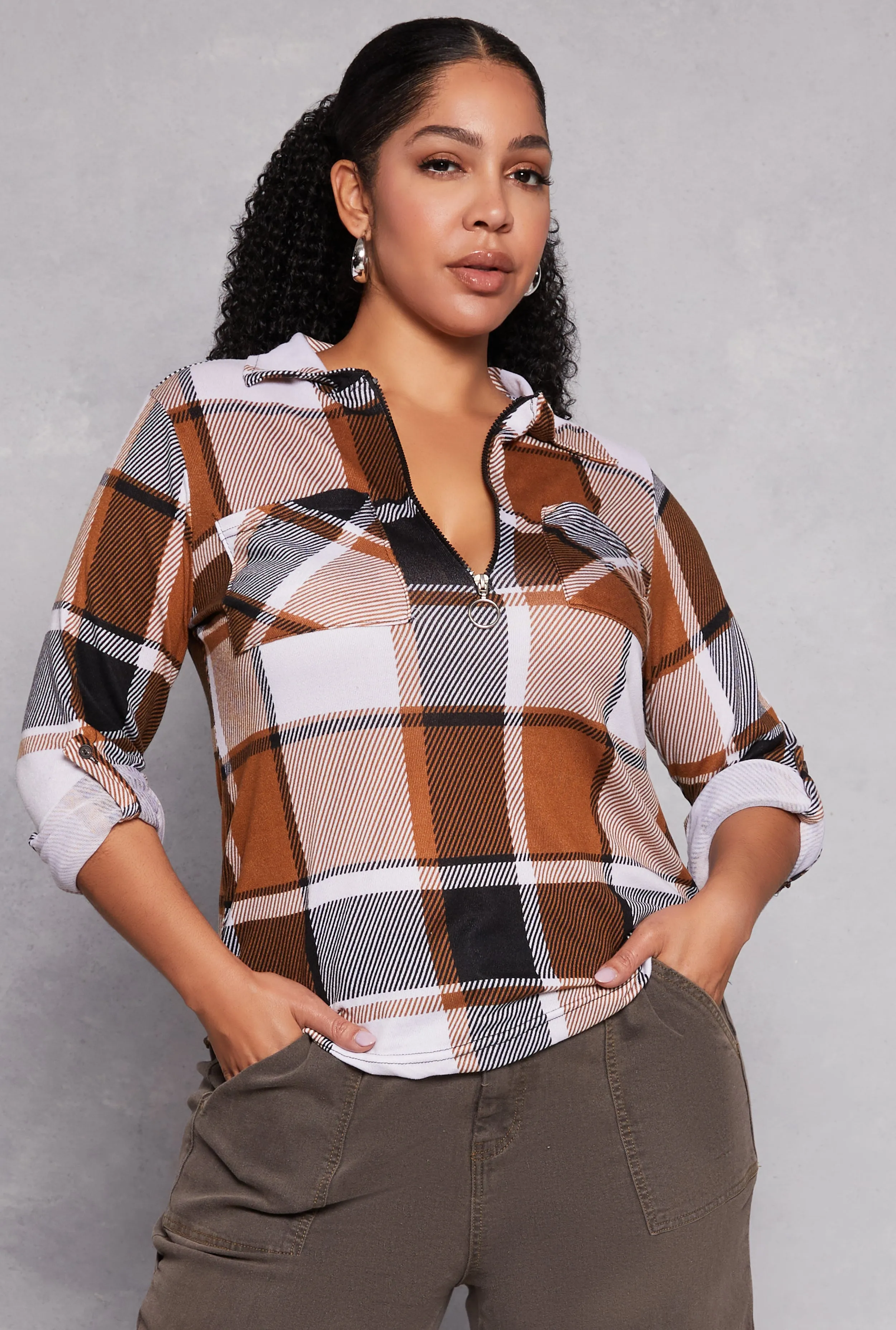 Plus Size Plaid Half Zip Shirt sold by Rainbow