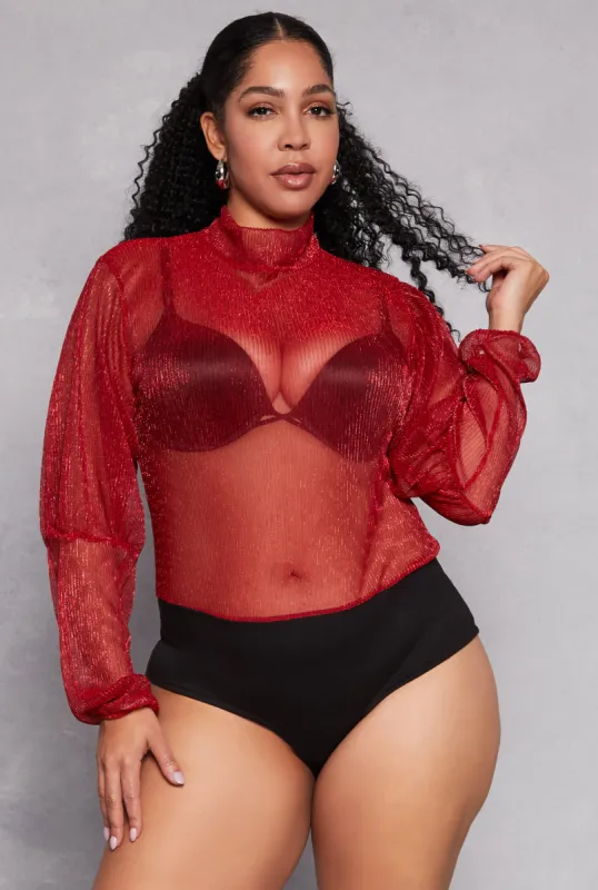 Plus Size Lurex Balloon Sleeve Bodysuit sold by Rainbow