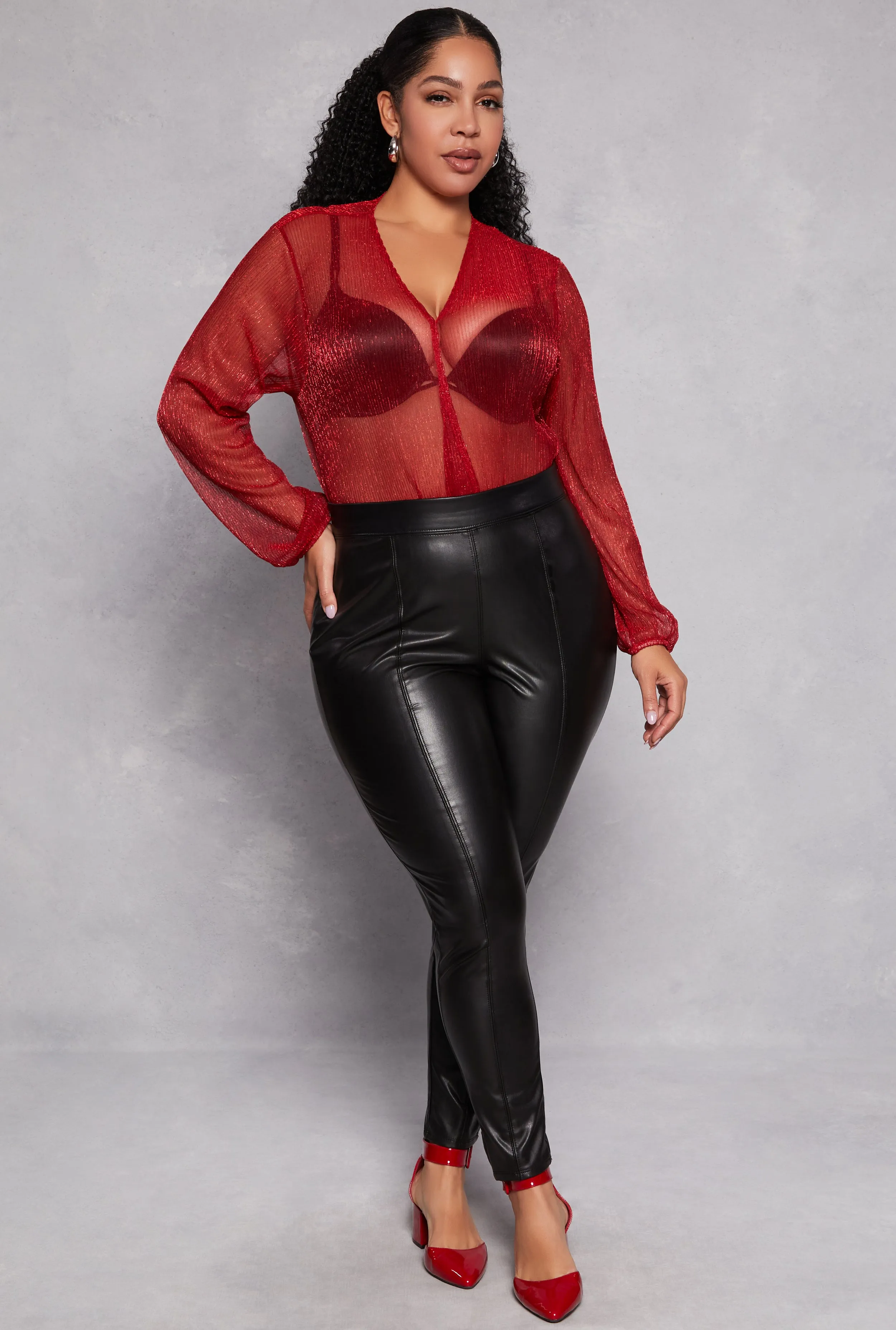 Plus Size Lurex Surplice Bubble Sleeve Bodysuit sold by Rainbow product image thumbnail 2