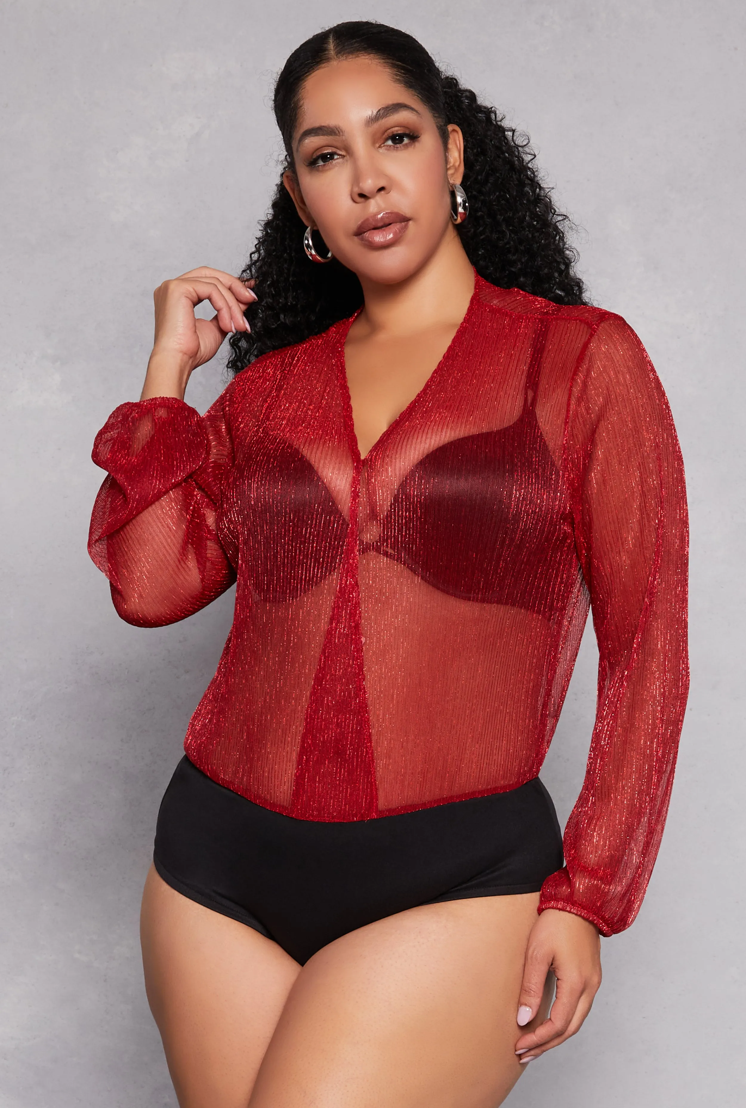 Plus Size Lurex Surplice Bubble Sleeve Bodysuit sold by Rainbow