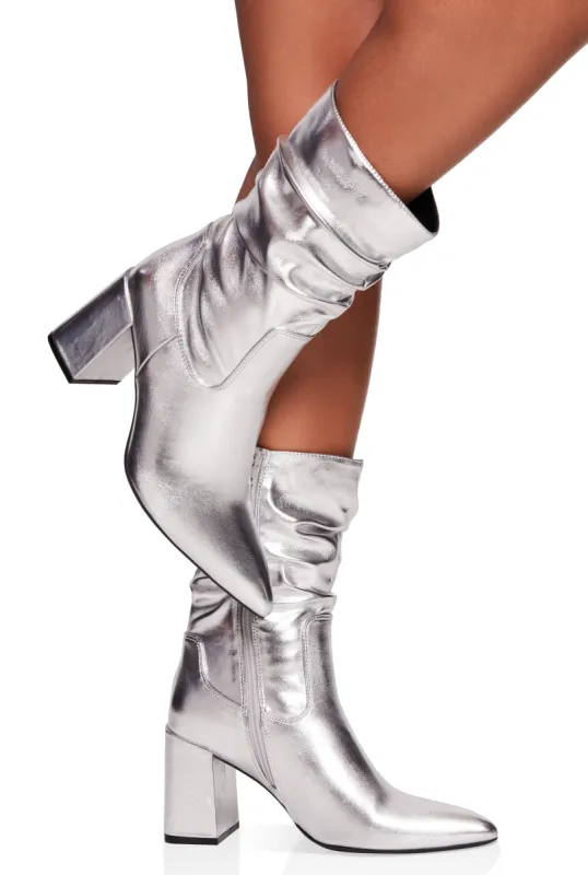 Ruched Pointed Toe Block Heel Booties sold by Rainbow