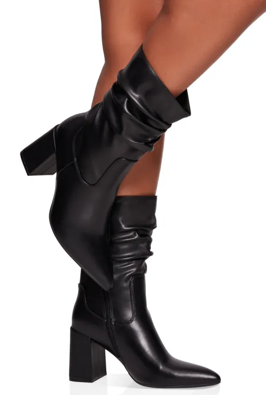 Ruched Pointed Toe Block Heel Booties sold by Rainbow