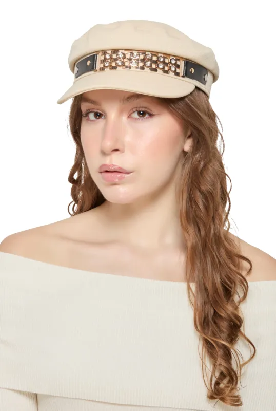 Metallic Rhinestone Detail Cabbie Hat sold by Rainbow